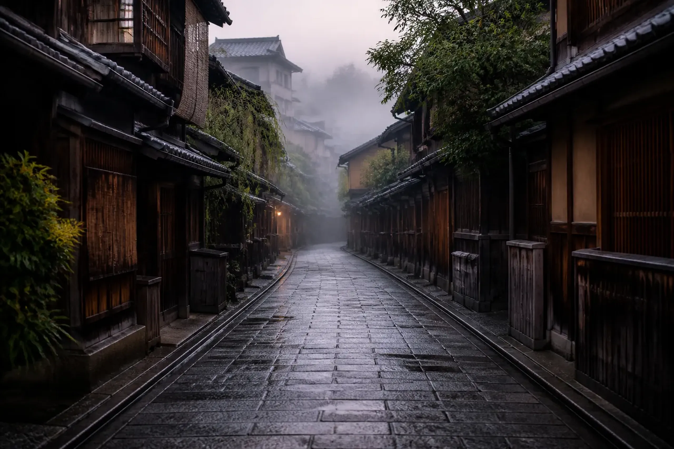 Empty stone-paved Kyoto street at dawn with traditional wooden townhouses