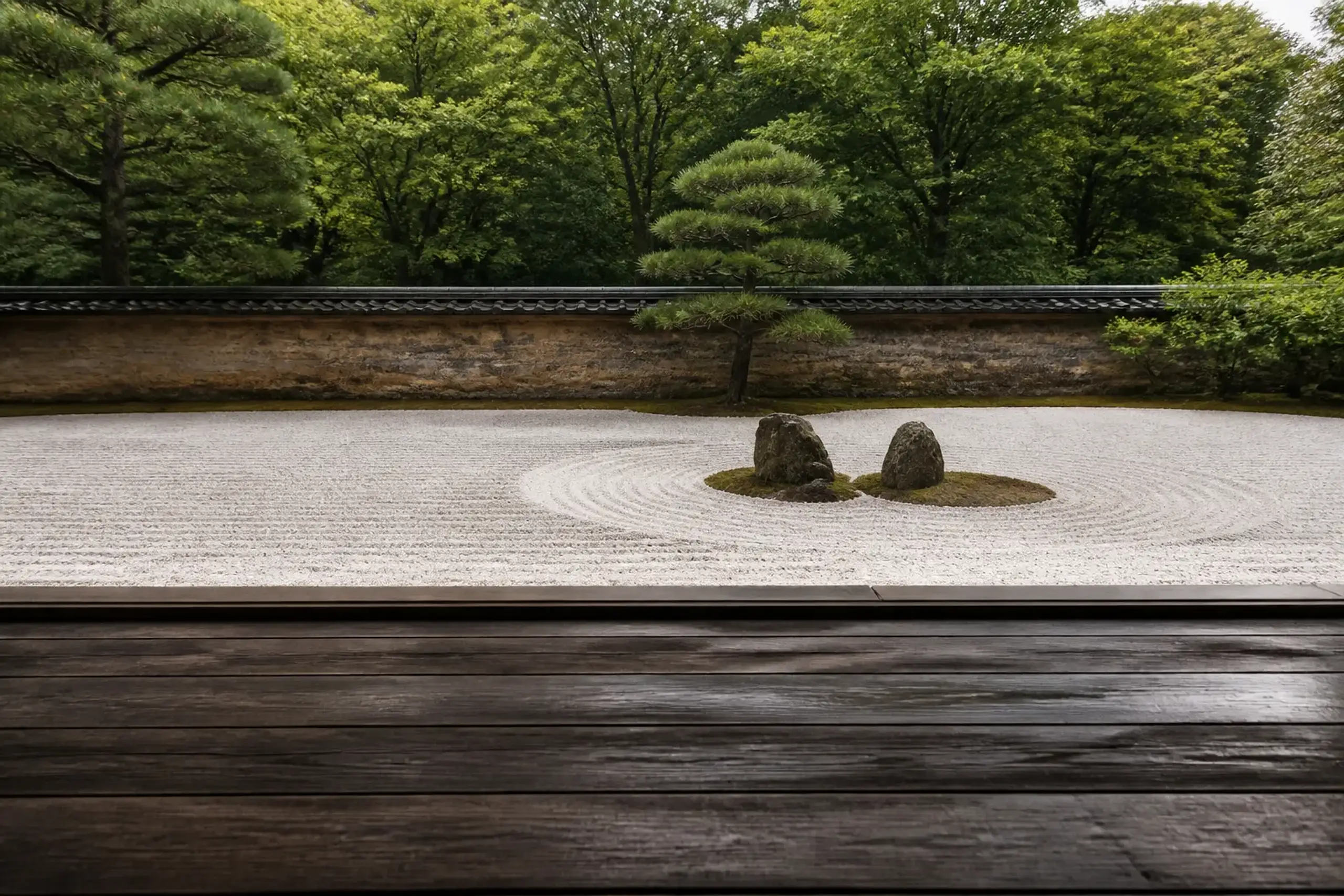 Empty Zen garden with raked gravel and stones viewed from a wooden veranda in Kyoto