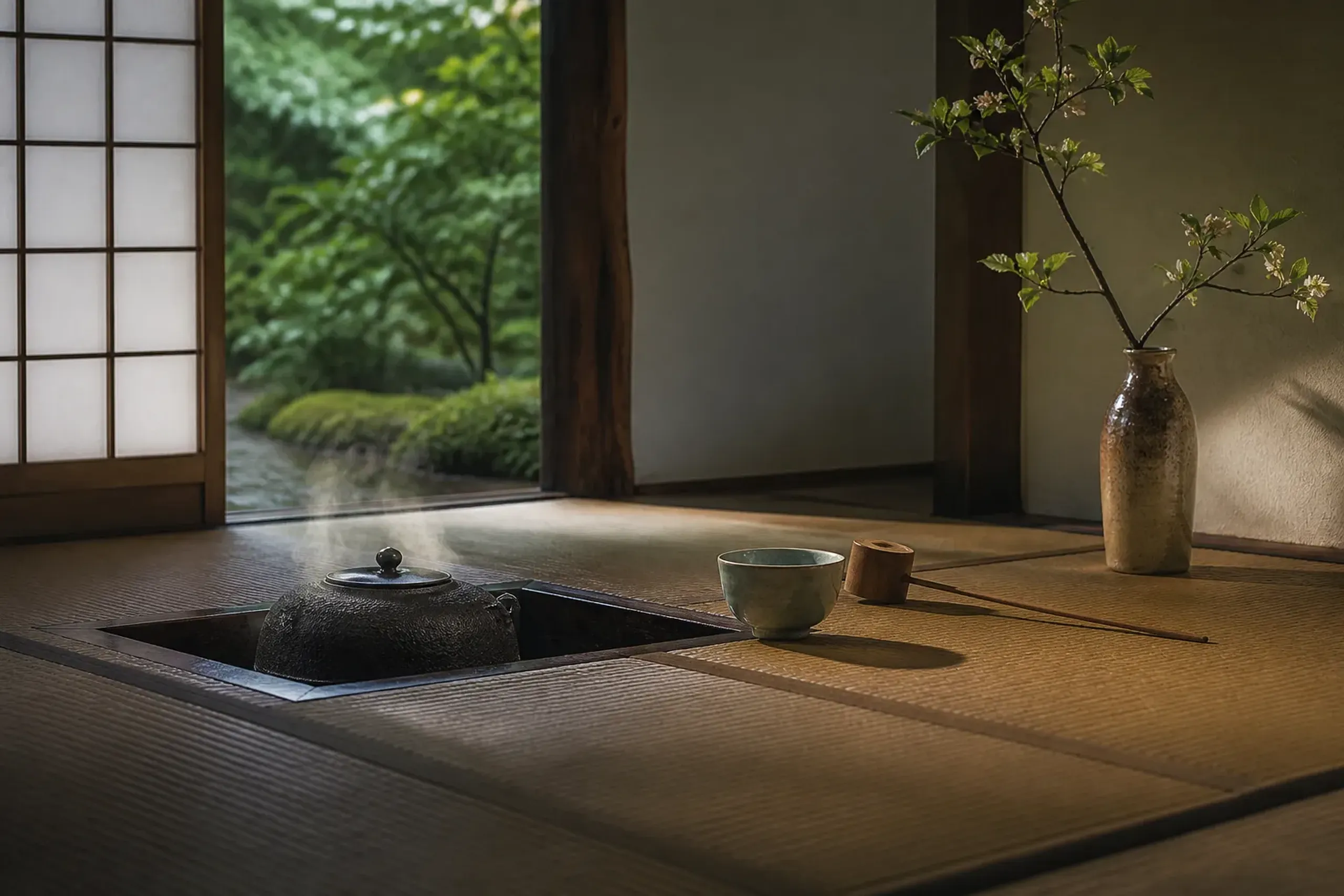 Minimalist tatami tea room still life with tea bowl, kettle, and bamboo ladle
