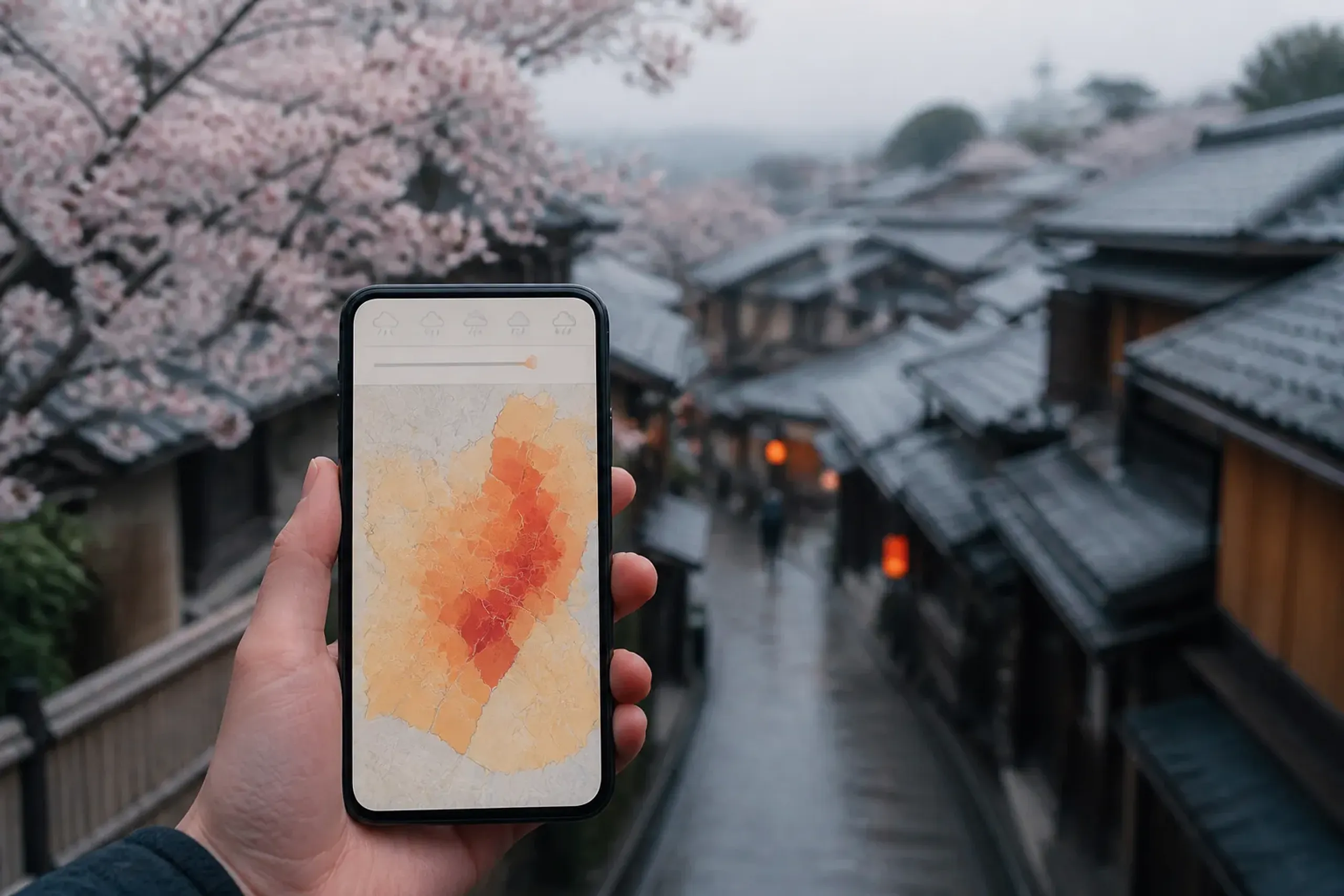 Smartphone showing a congestion forecast map with Kyoto street blurred in the background