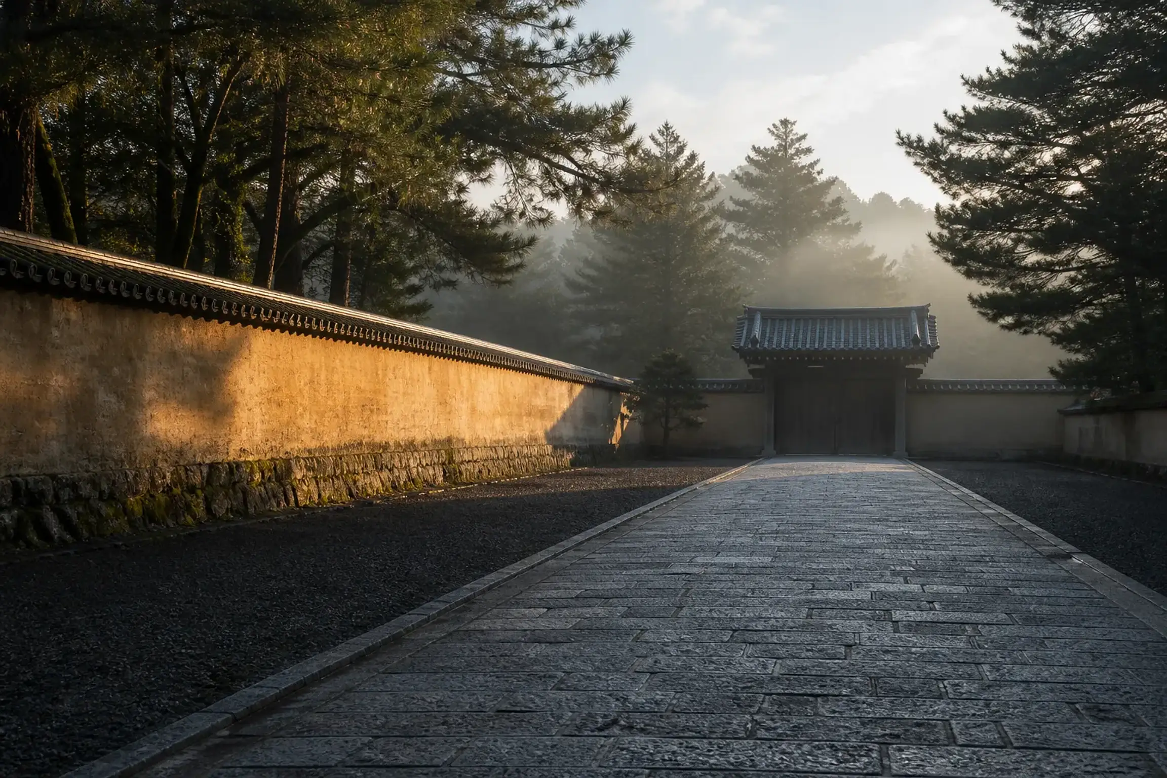 The empty stone-paved lanes near Kyoto Imperial Palace (Kyoto-gosho) at dawn, with the palace's earthen perimeter wall and cypress-bark gate before the first guided tour groups arrive