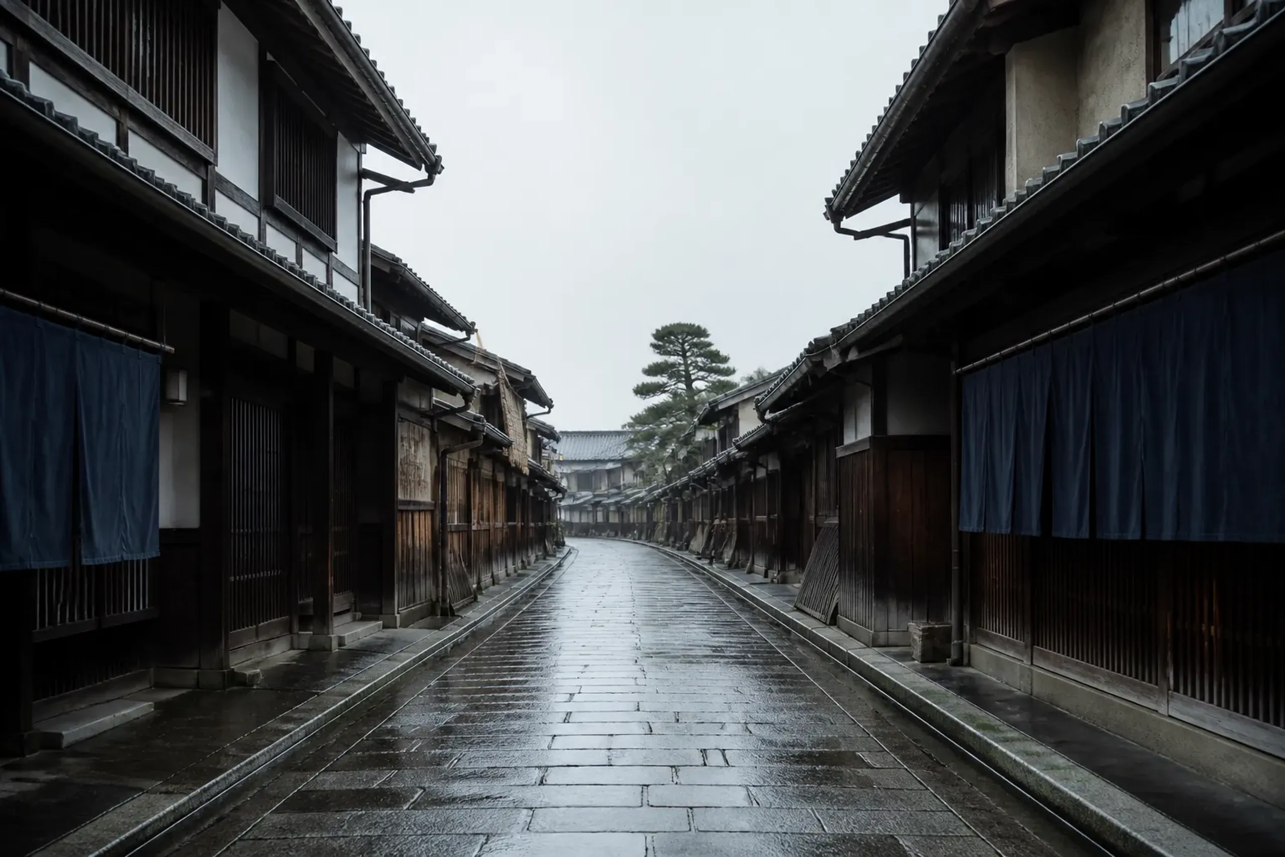 Empty Kyoto stone lane with machiya townhouses in soft morning light
