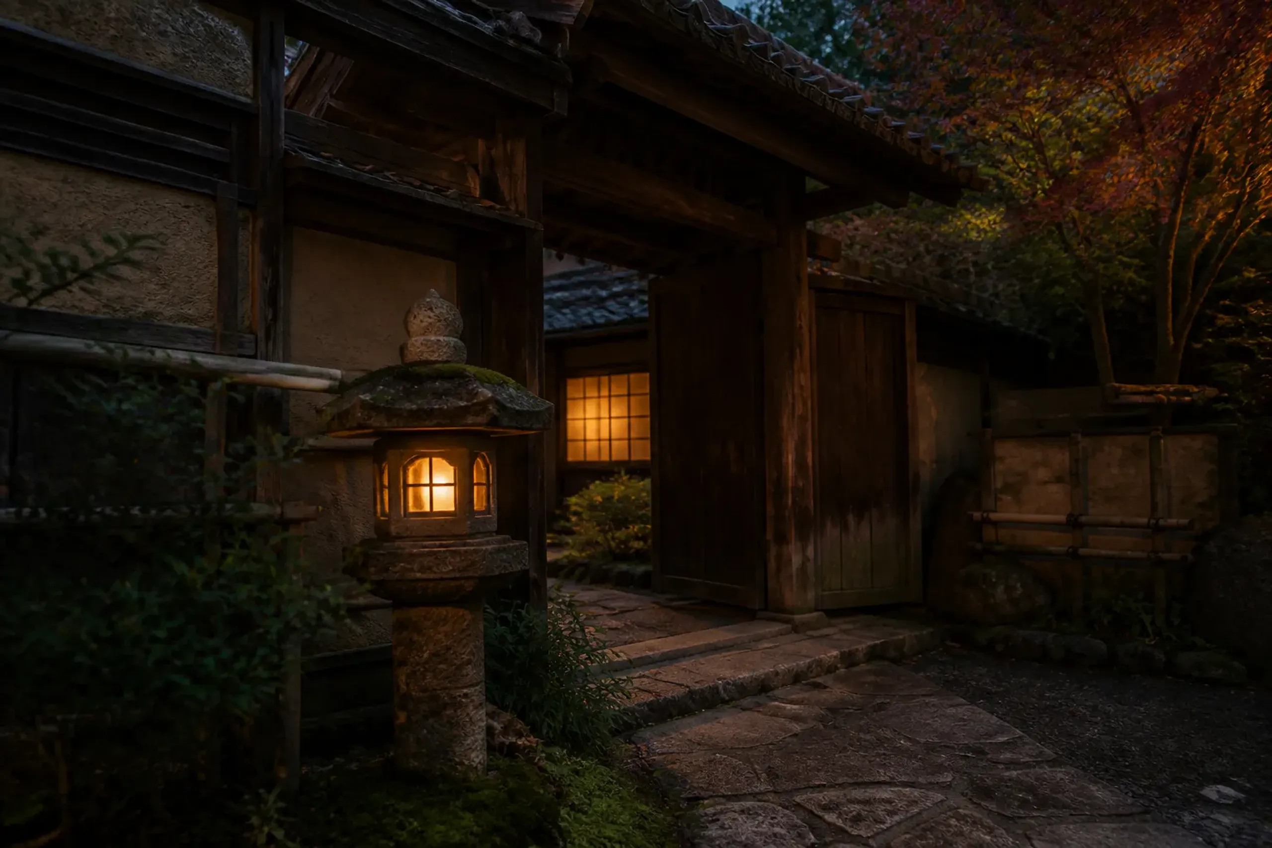 Historic Kyoto building and garden path illuminated at night during a special opening