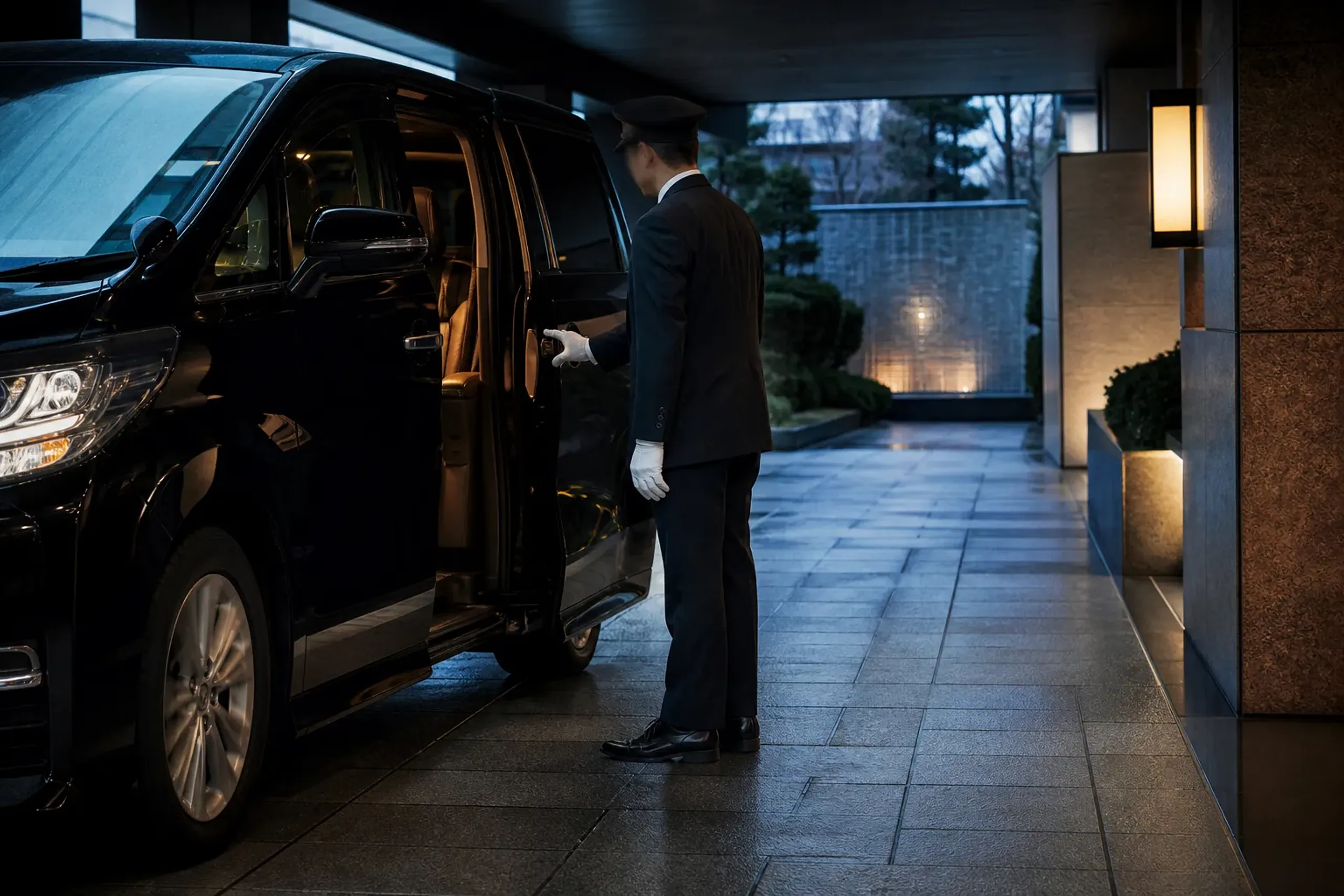 Chauffeured luxury minivan at a Tokyo hotel entrance with door opened for guests
