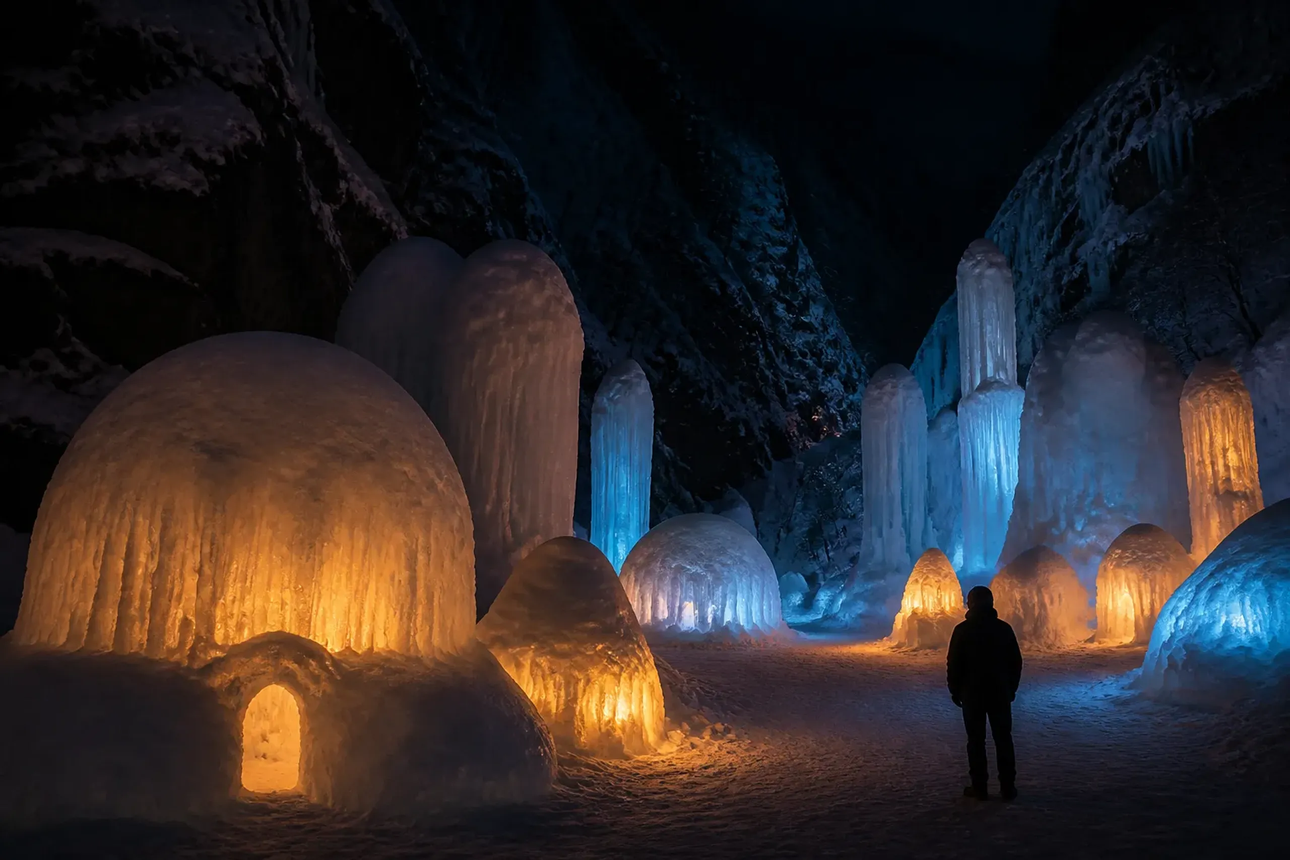 Illuminated ice sculptures at the Sounkyo Ice Fall Festival in winter
