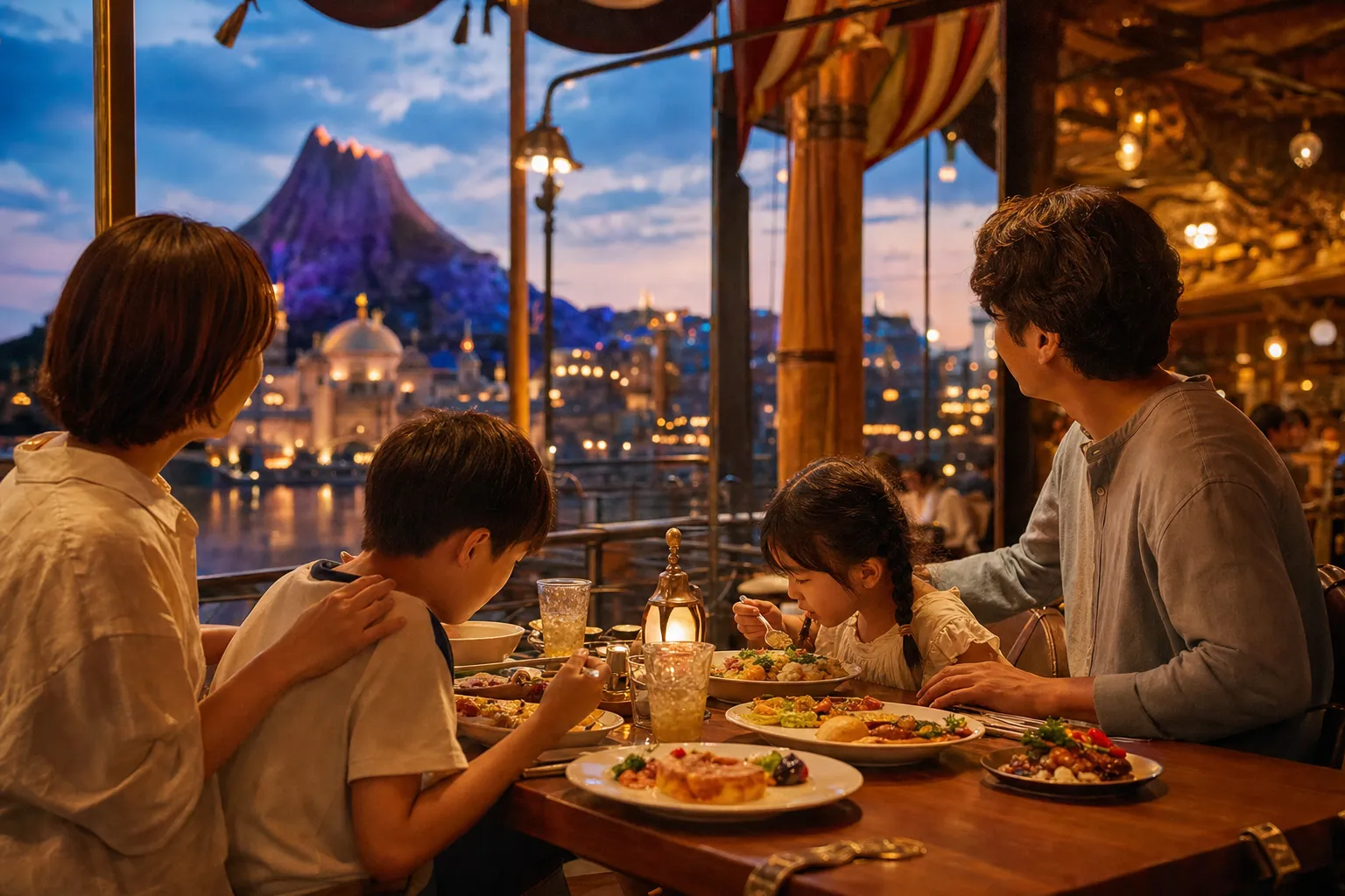 A family enjoying a calm sit-down dinner at a warmly lit restaurant