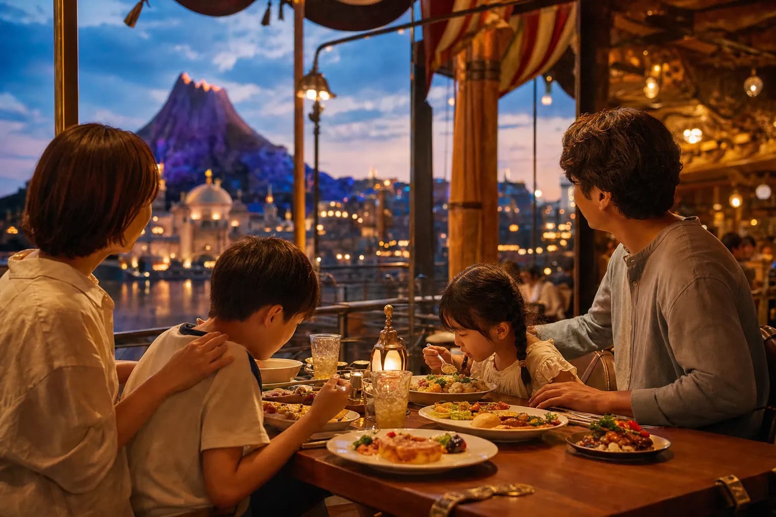 A family enjoying a calm sit-down dinner at a warmly lit restaurant