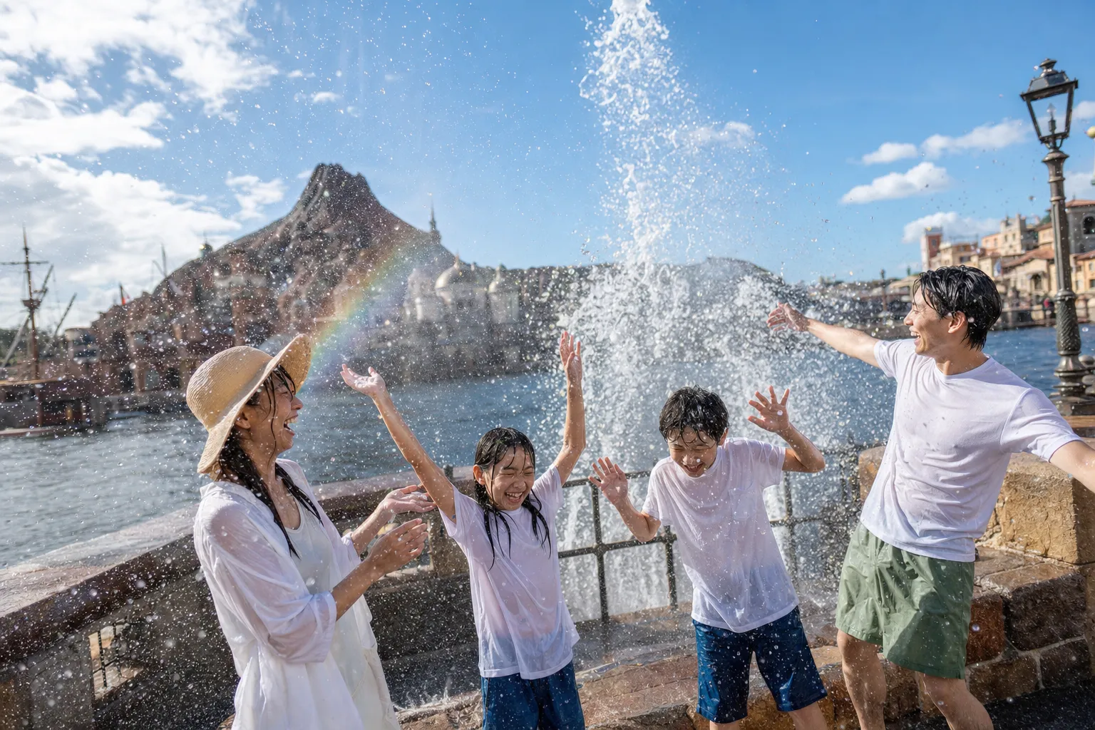 summer water-play cool-off splash effects and misting fountains at Tokyo DisneySea harbourside during the Summer Cool-off event