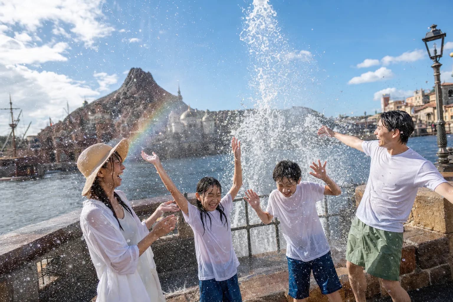 summer water-play cool-off splash effects and misting fountains at Tokyo DisneySea harbourside during the Summer Cool-off event