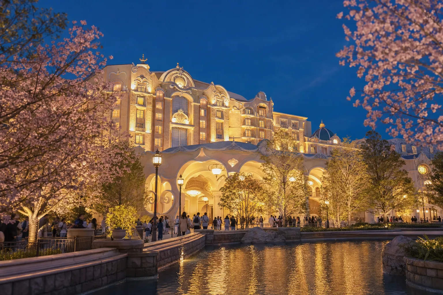 Tokyo DisneySea Fantasy Springs Hotel exterior at dusk with warm lights