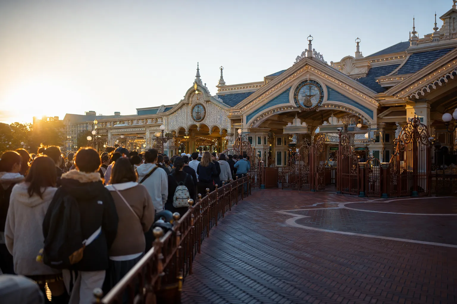 Guests waiting at Tokyo DisneySea gates early in the morning for park entry