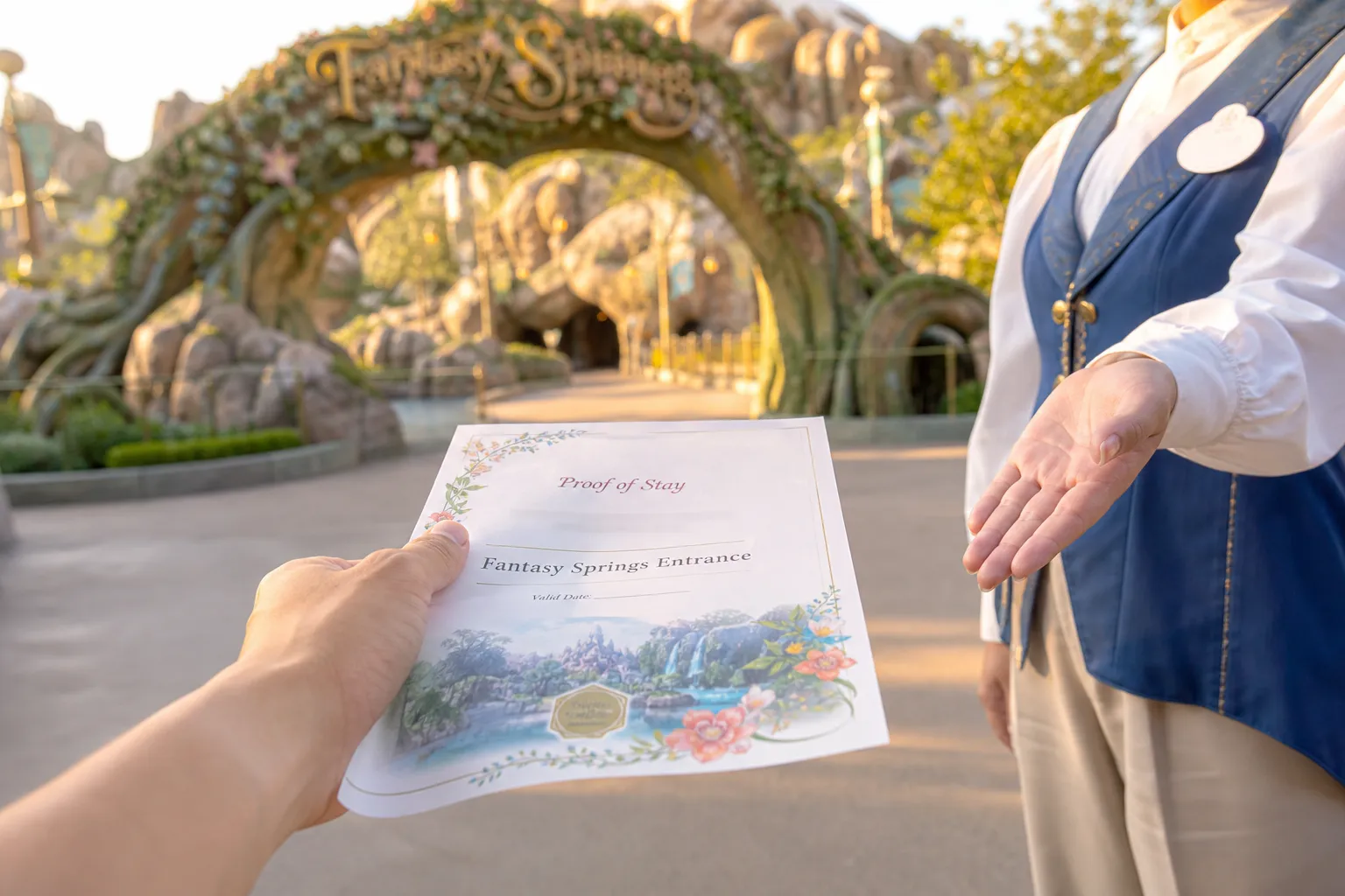 Guest holding Proof of Stay document for Fantasy Springs Entrance access