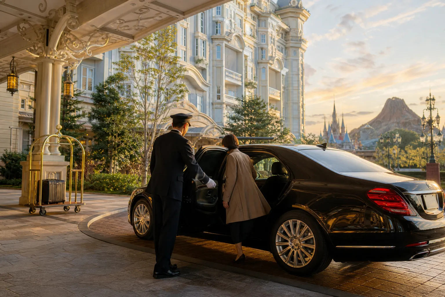 Luxury chauffeured vehicle arriving at Tokyo Disney Resort drop-off in the morning