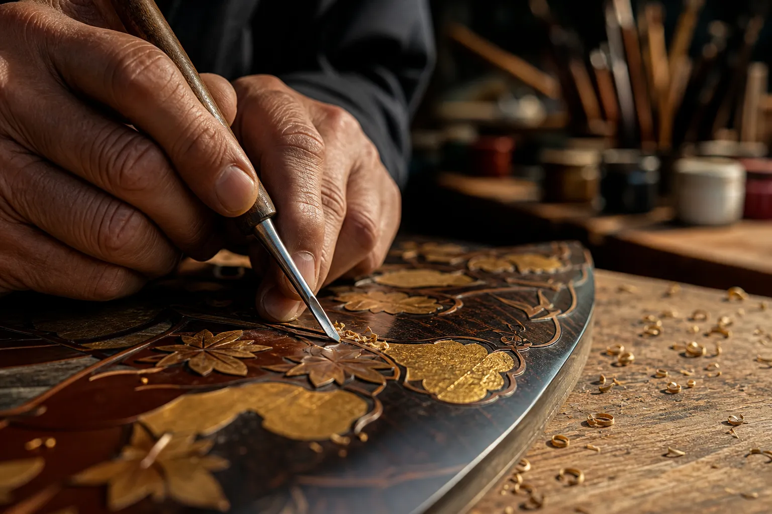 Close-up of a Japanese artisan’s hands working with traditional tools at a workbench