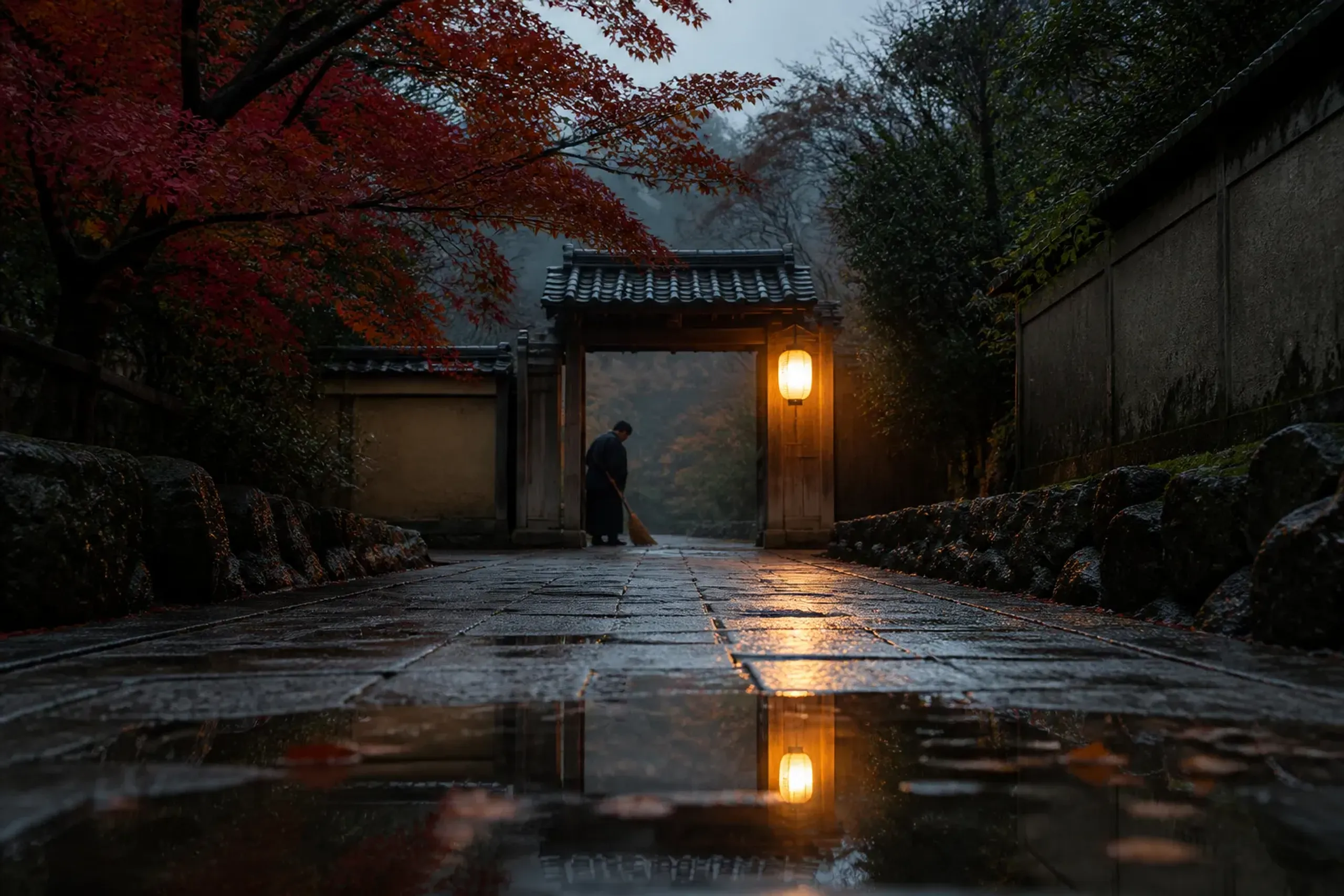 A quiet Kyoto street before sunrise with a lit lantern and a groundskeeper sweeping near a wooden gate