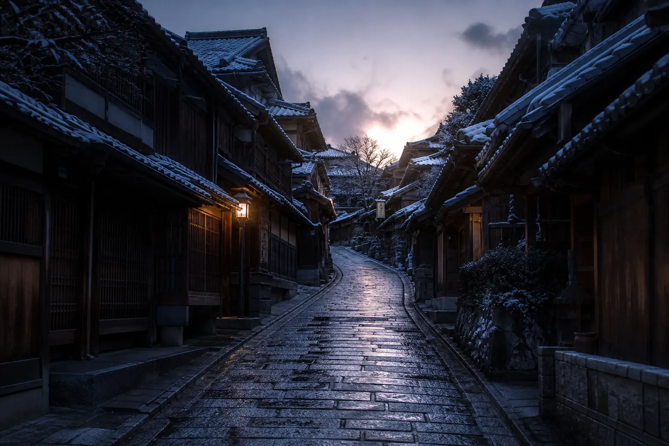 Empty stone path in Kyoto’s Higashiyama district at dawn with traditional wooden buildings