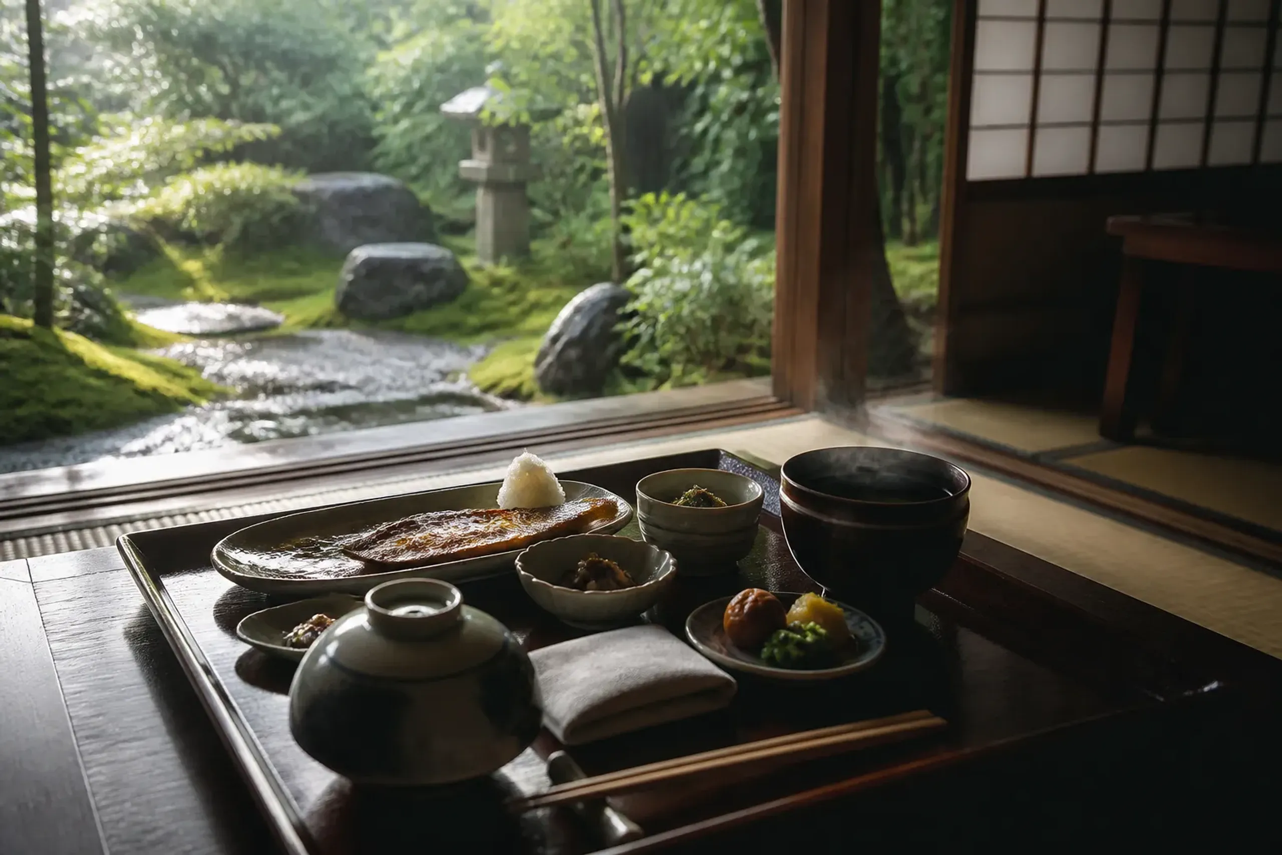 Japanese breakfast served privately in a suite with tatami flooring and a moss garden view