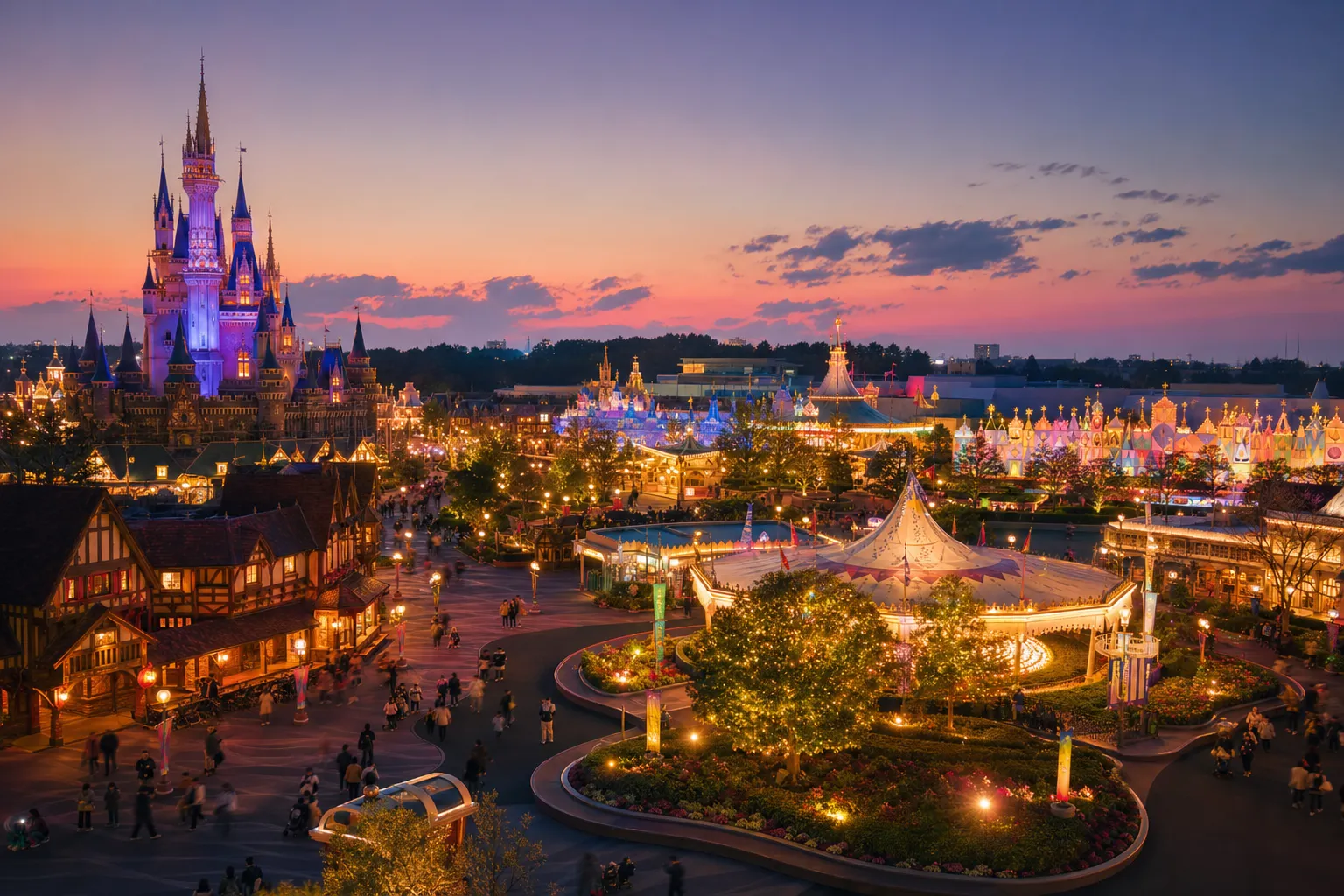 Tokyo Disneyland decorated for the summer 2026 Toy Story 5 event under a clear sky