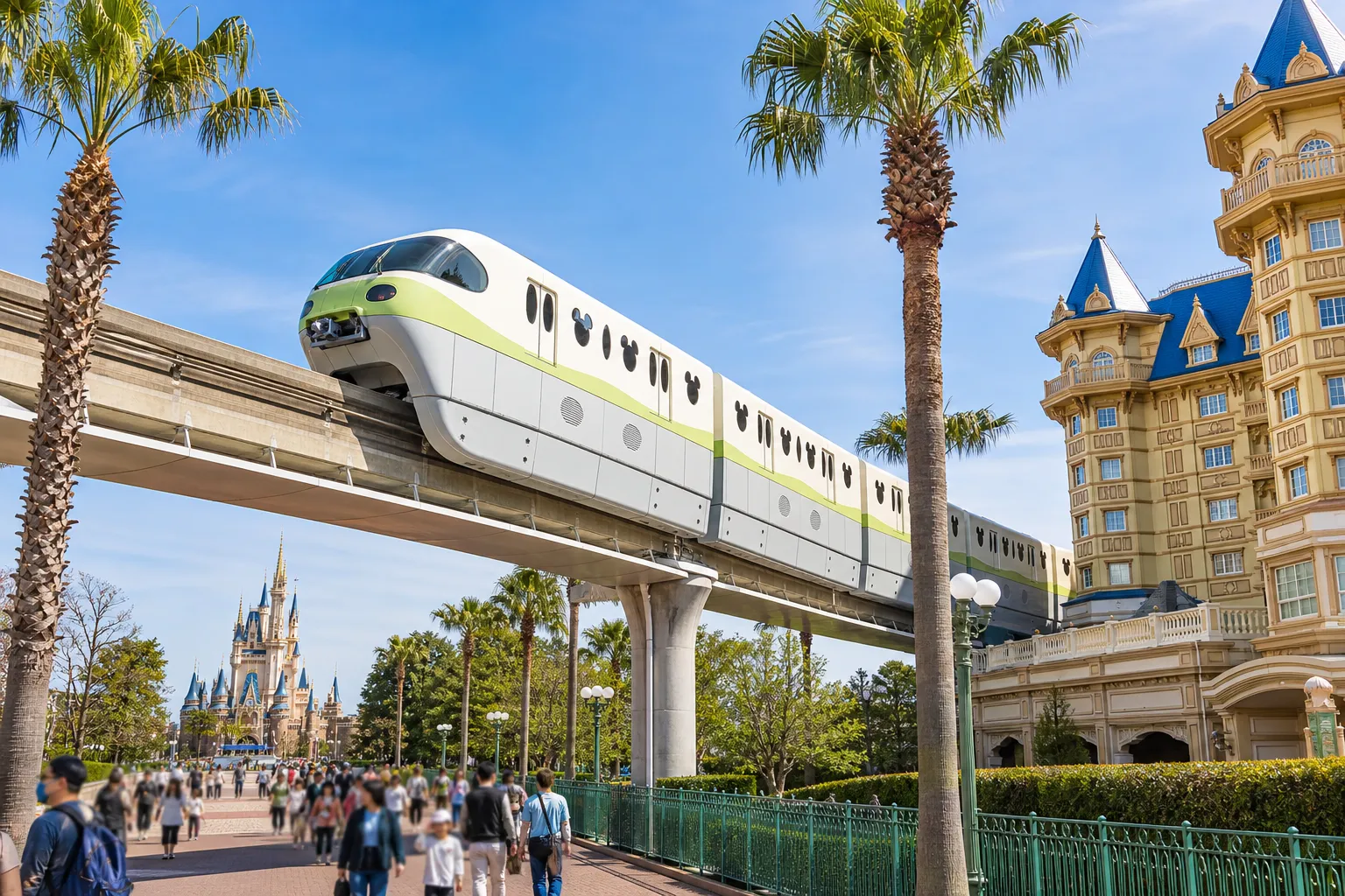 Tokyo Disney Resort Line monorail passing hotels and promenade on a summer day