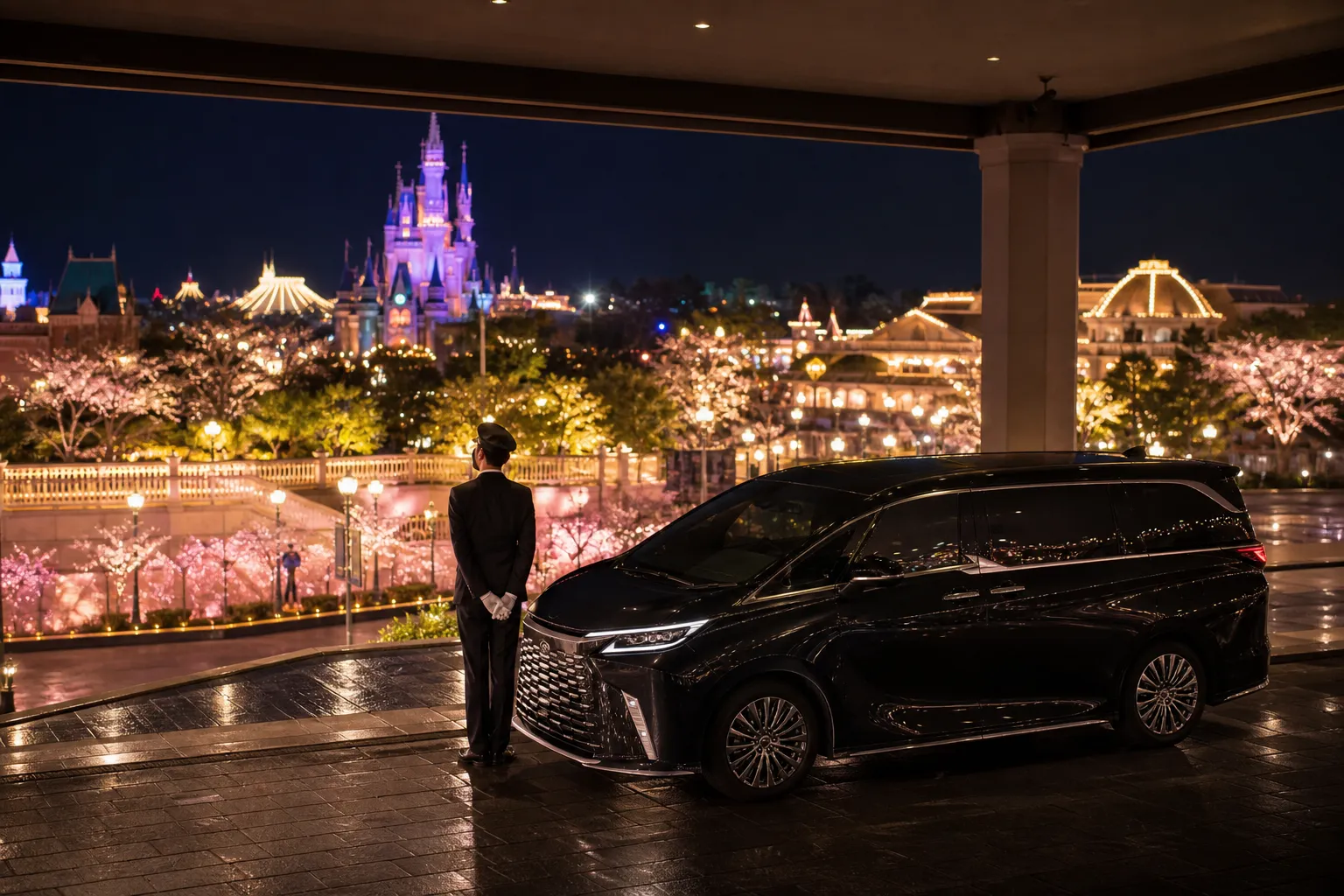 Black luxury minivan with chauffeur at a hotel entrance for a private Tokyo Disney transfer