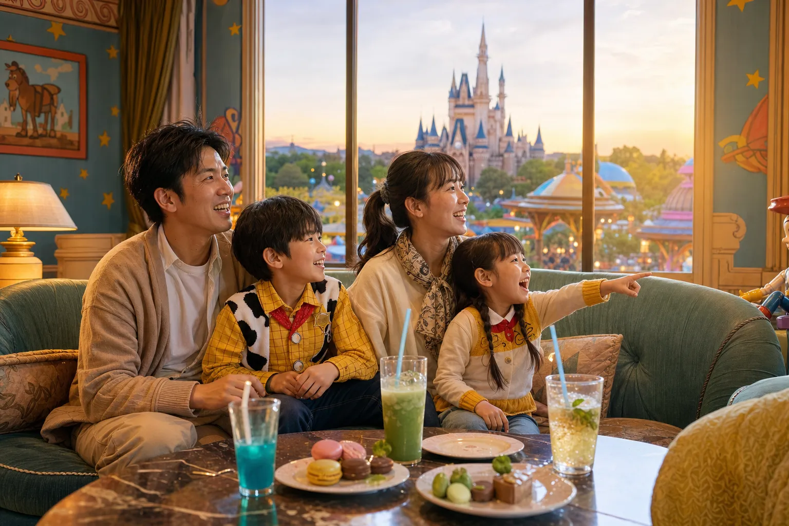 A family of grandparents and children resting in a cool hotel lounge during a summer break