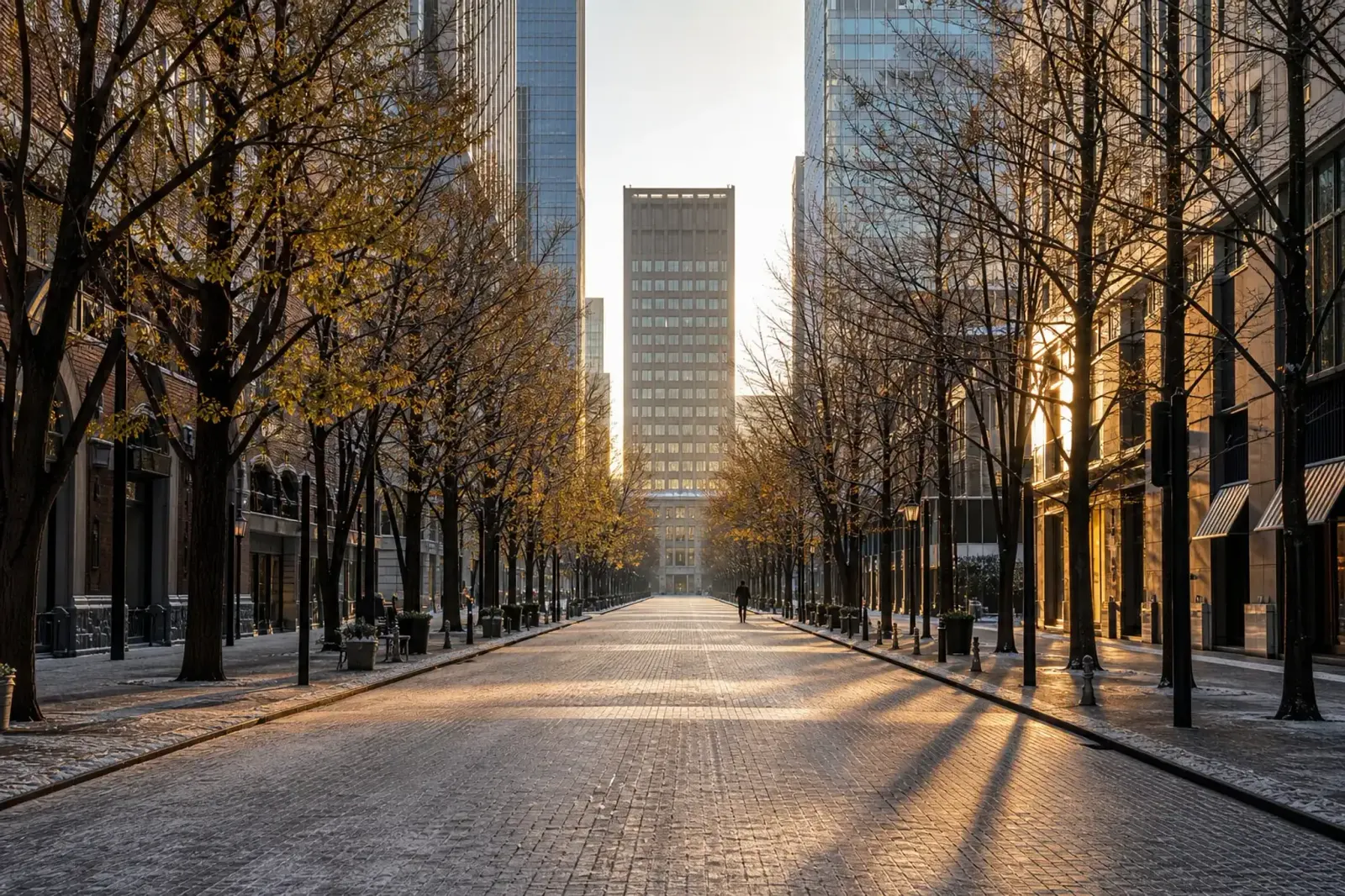 Quiet tree-lined avenue in Tokyo's Marunouchi district in early morning light