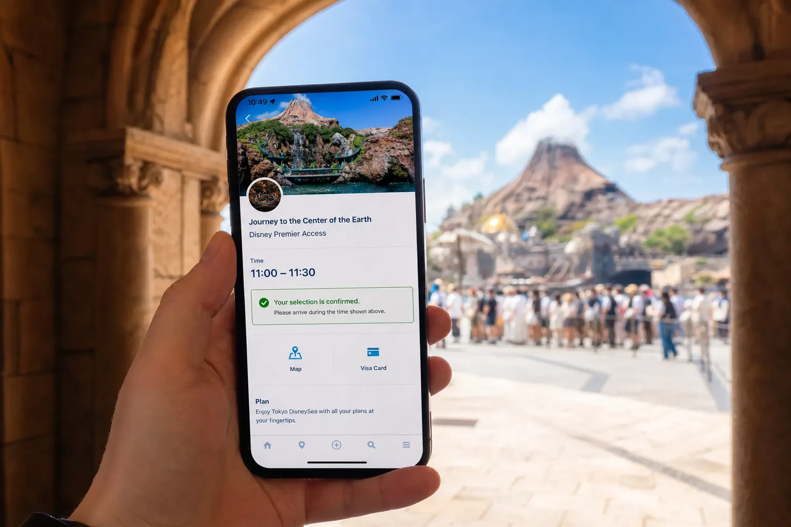 A smartphone displaying the Tokyo Disney Resort App with a timed Disney Premier Access entry slot, held against a shaded attraction entrance