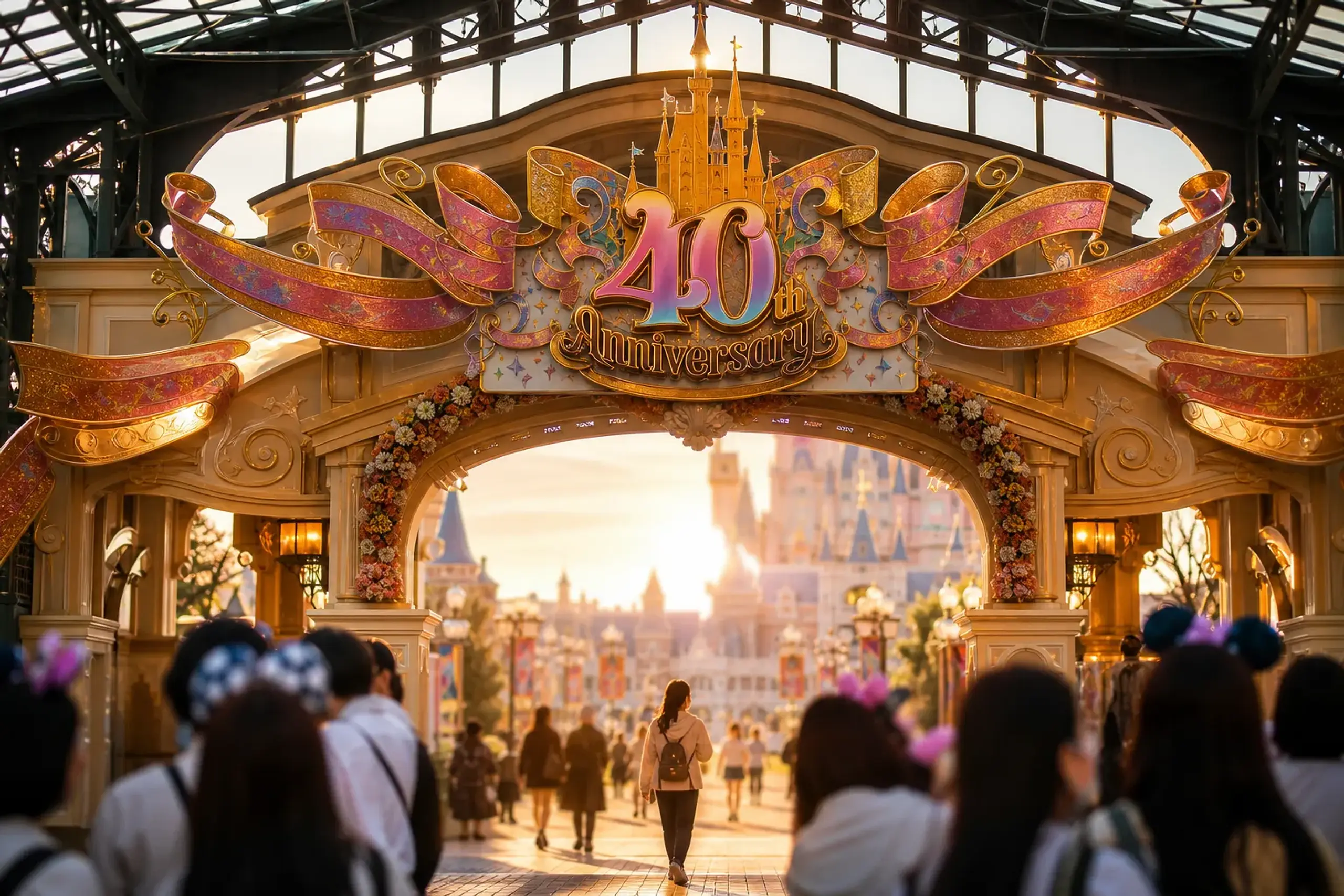 The Tokyo Disney Resort 40th Anniversary decorative gateway signage marking the end of the Priority Pass era