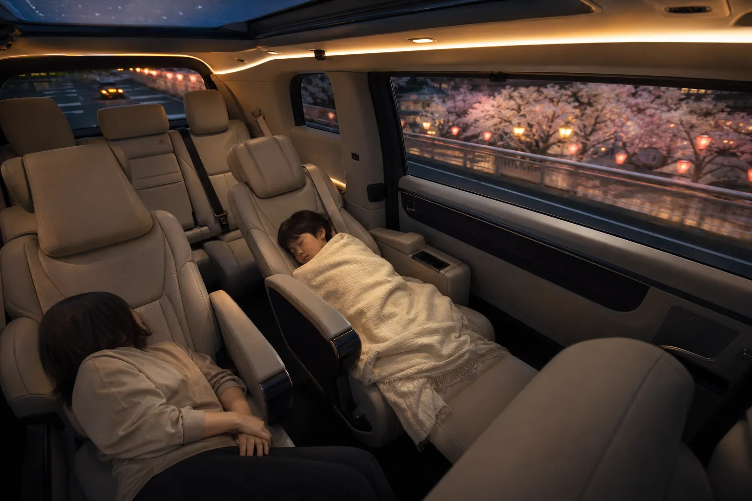 Interior of a luxury chauffeured minivan with resting passengers en route to Tokyo Disney Resort