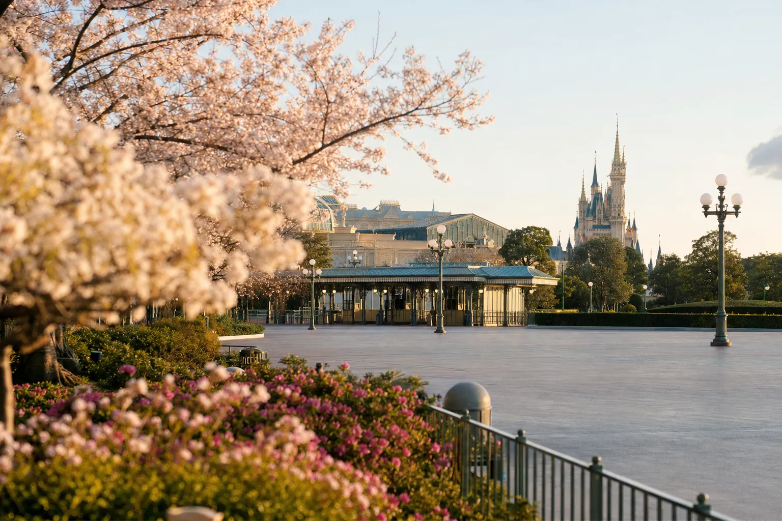 Quiet early morning entrance plaza at Tokyo Disney Resort with few guests