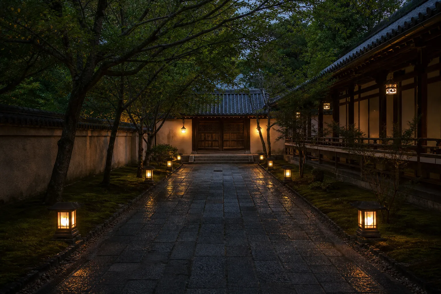 A quiet moss and stone courtyard in Nara evoking heritage and restraint