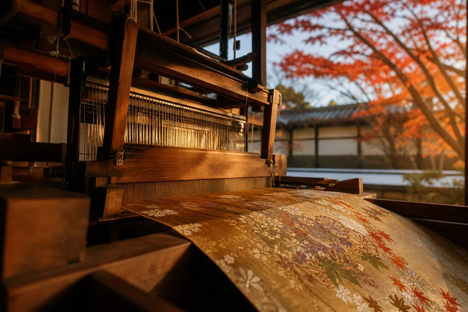 Artisan hand-weaving gold and silk Nishijin brocade on a traditional wooden loom in Kyoto