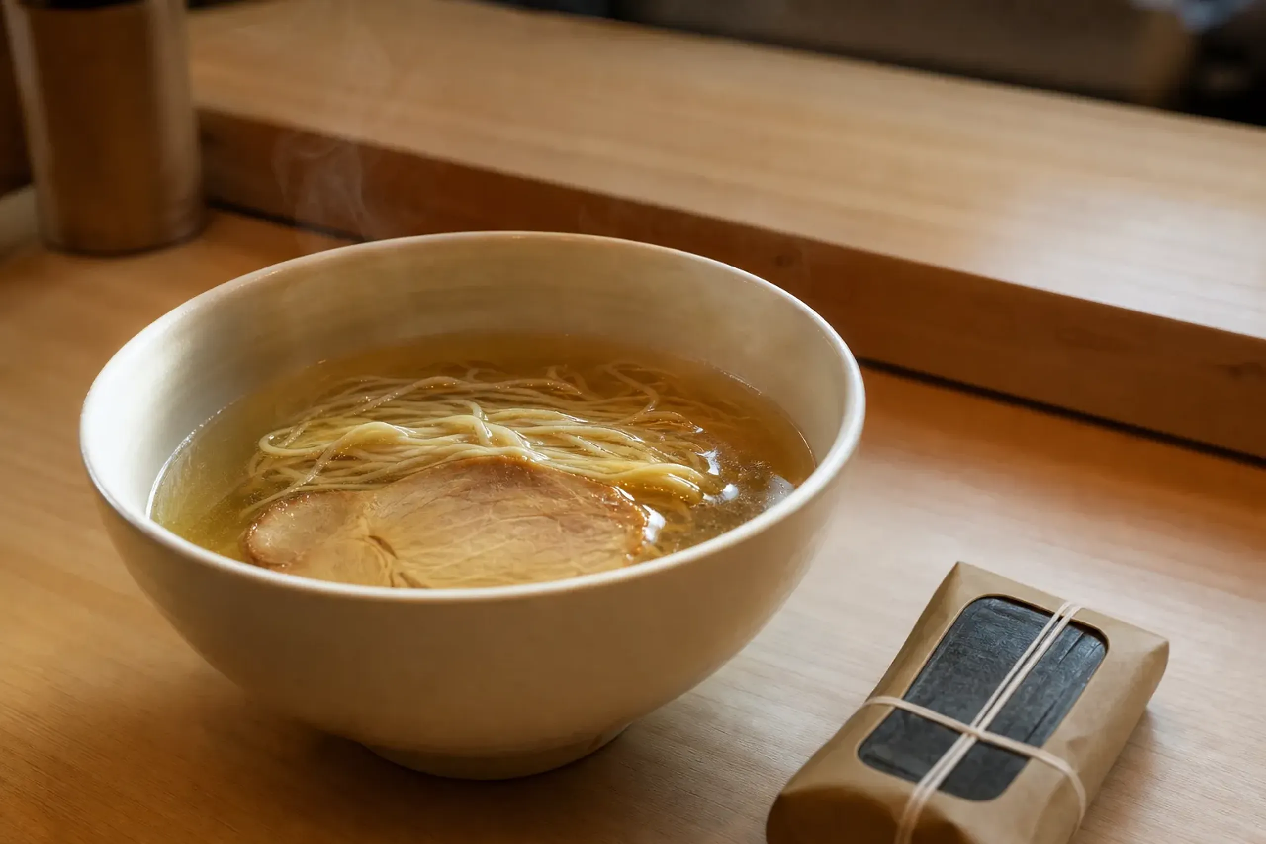 A steaming bowl of kombu-dashi ramen at the second-floor counter of Kombu to Men Kiichi, the clear kelp broth catching the light, set beside a small package of purchased kelp from Itsutsuji no Konbu b