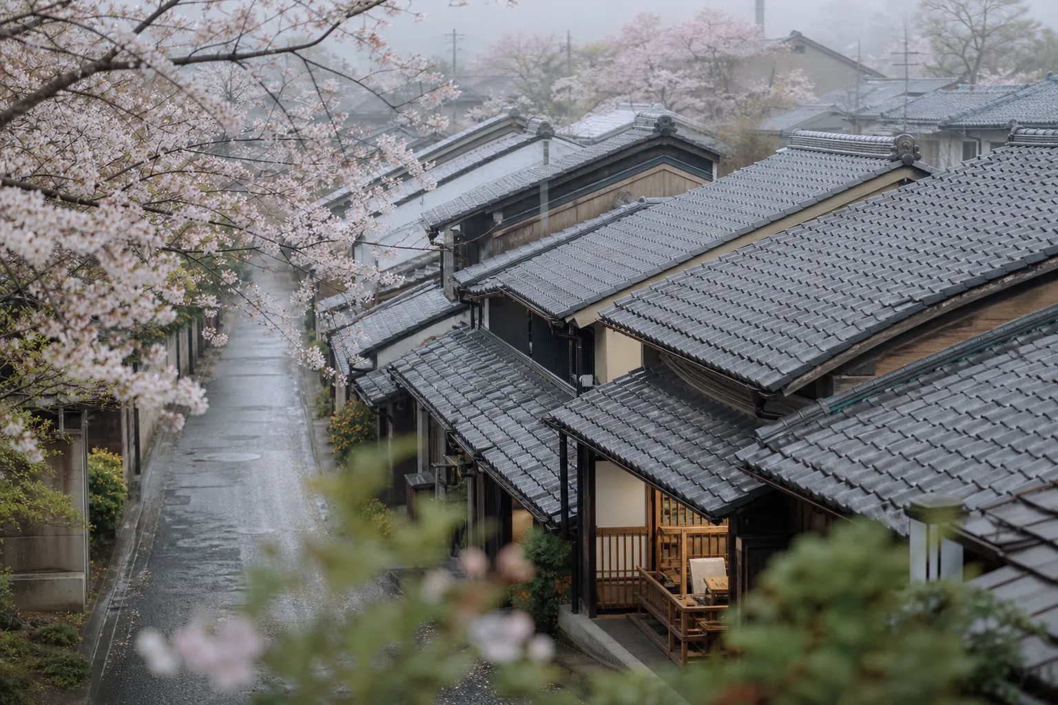 A narrow Nishijin lane lined with low machiya rooftops and unmarked wooden frontages, a half-open workshop door revealing a loom inside