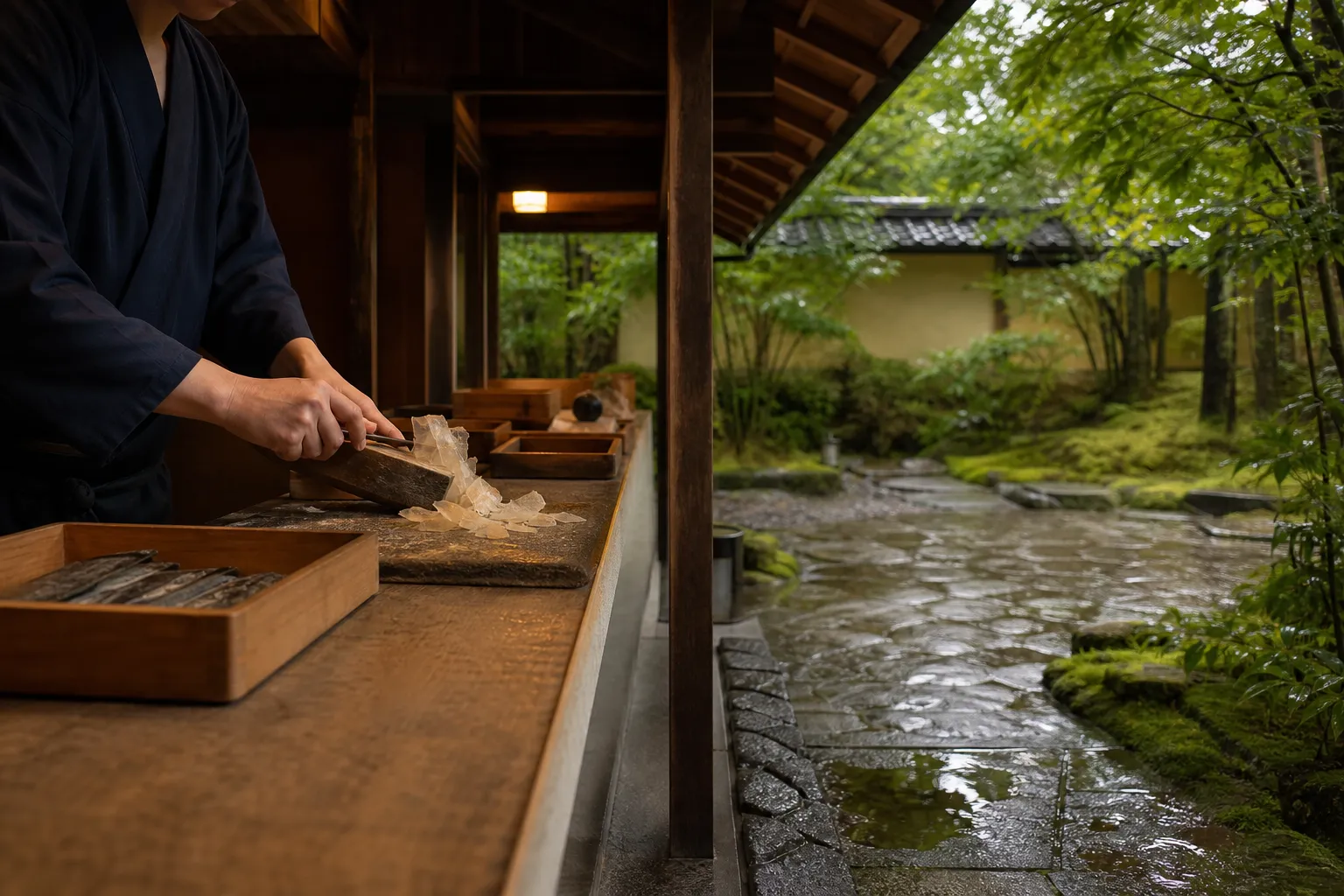 A craftsman shaving whisper-thin ribbons of oboro-kombu from a pressed block of kelp at the Kiichi counter, tissue-fine sheets falling away