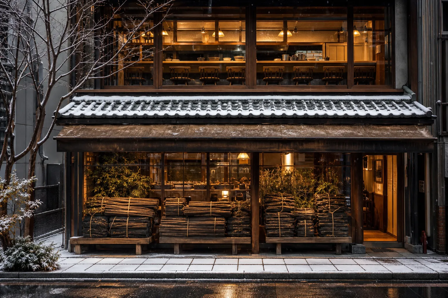 The storefront of Itsutsuji no Konbu, a Meiji-era Kyoto kombu house, with stacked kelp displays and the second-floor ramen counter above