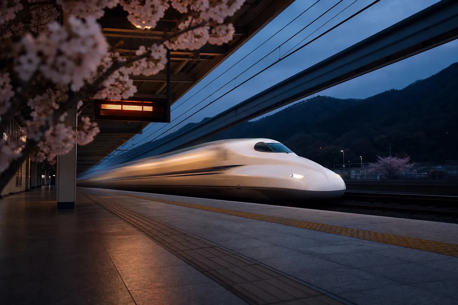 White Nozomi shinkansen train departing a Tokyo platform at dusk toward Nagoya