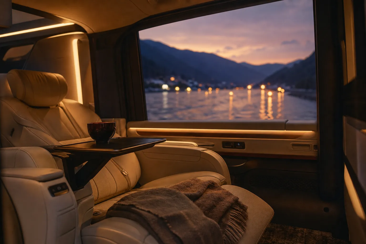 Interior of a Lexus LM 500 luxury minivan with lounge seating at dusk