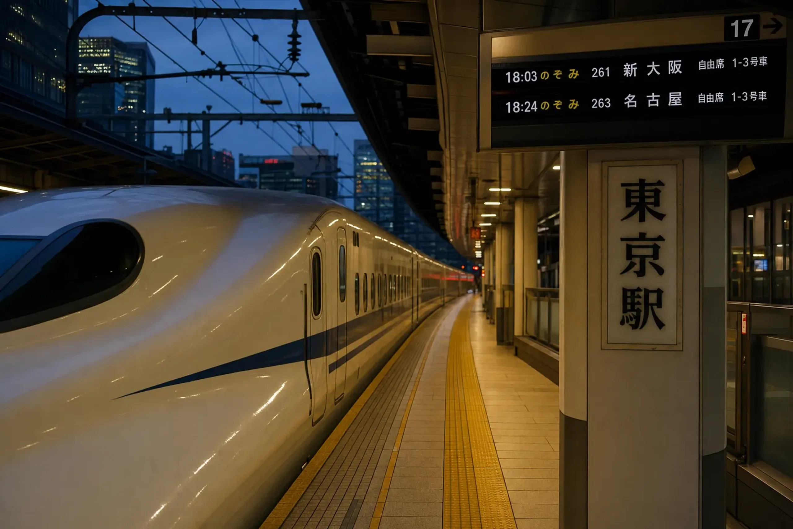 White Nozomi shinkansen train departing a Tokyo platform at dusk toward Nagoya
