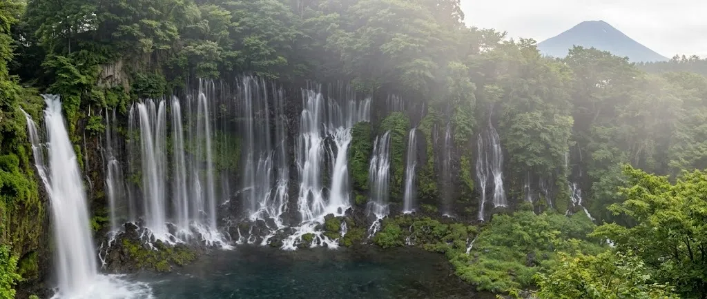 A wide panorama of Shiraito Falls showing hundreds of small springs cascading down a mossy cliffside, surrounded by lush green trees and rocky formations under soft natural light.
