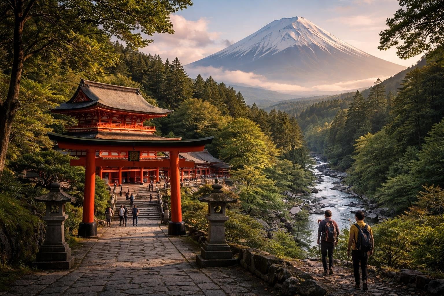 Red torii gate and a temple along a stone path beside a forested river with Mount Fuji in the distance.
