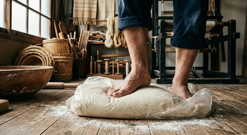 A traditional Japanese artisan carefully kneading thick udon dough using the historic foot-treading technique inside a rustic kitchen with natural light and wooden architectural details.