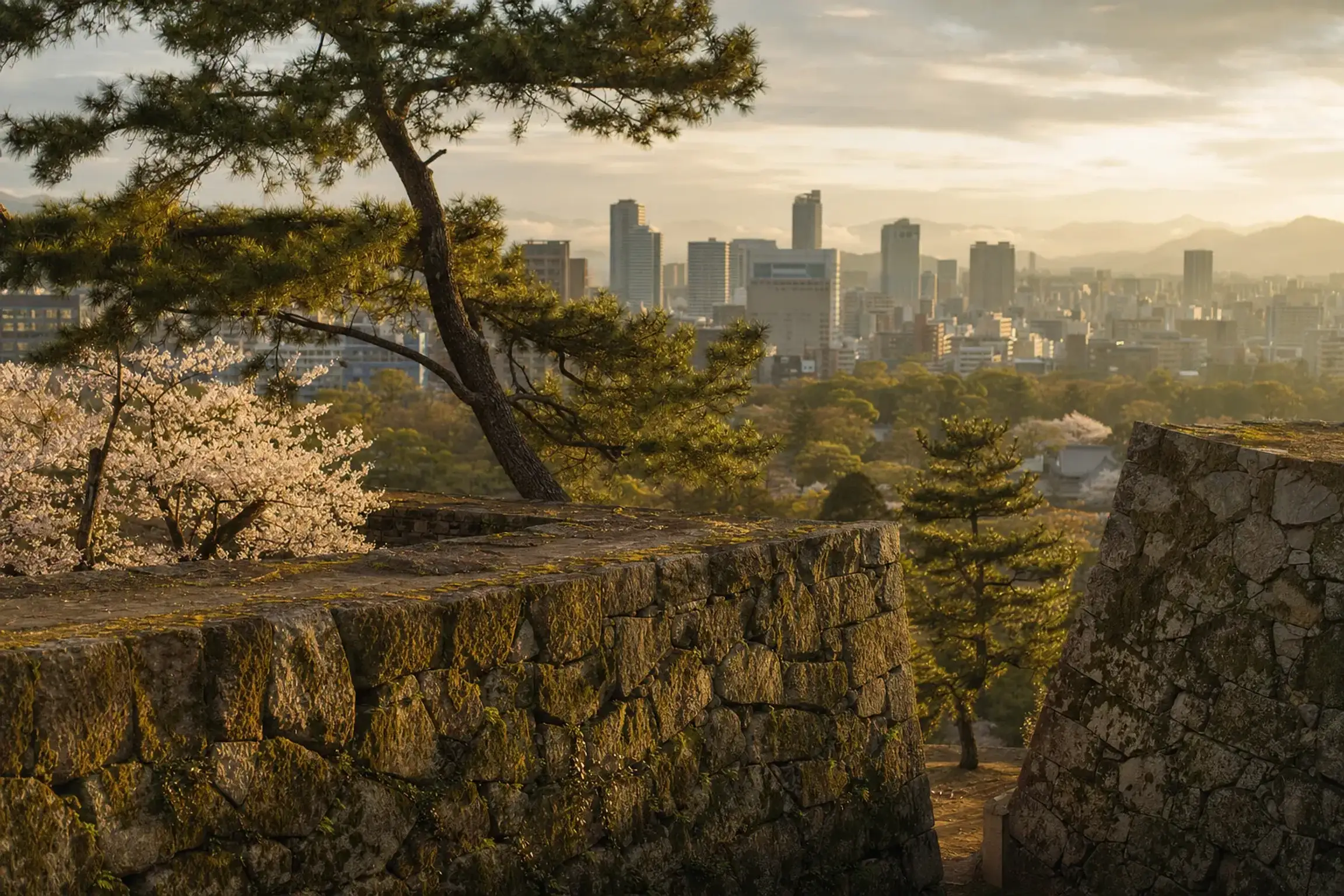 the stone-walled ruins of Fukuoka Castle set within Maizuru Park, framed by the surrounding central Fukuoka cityscape