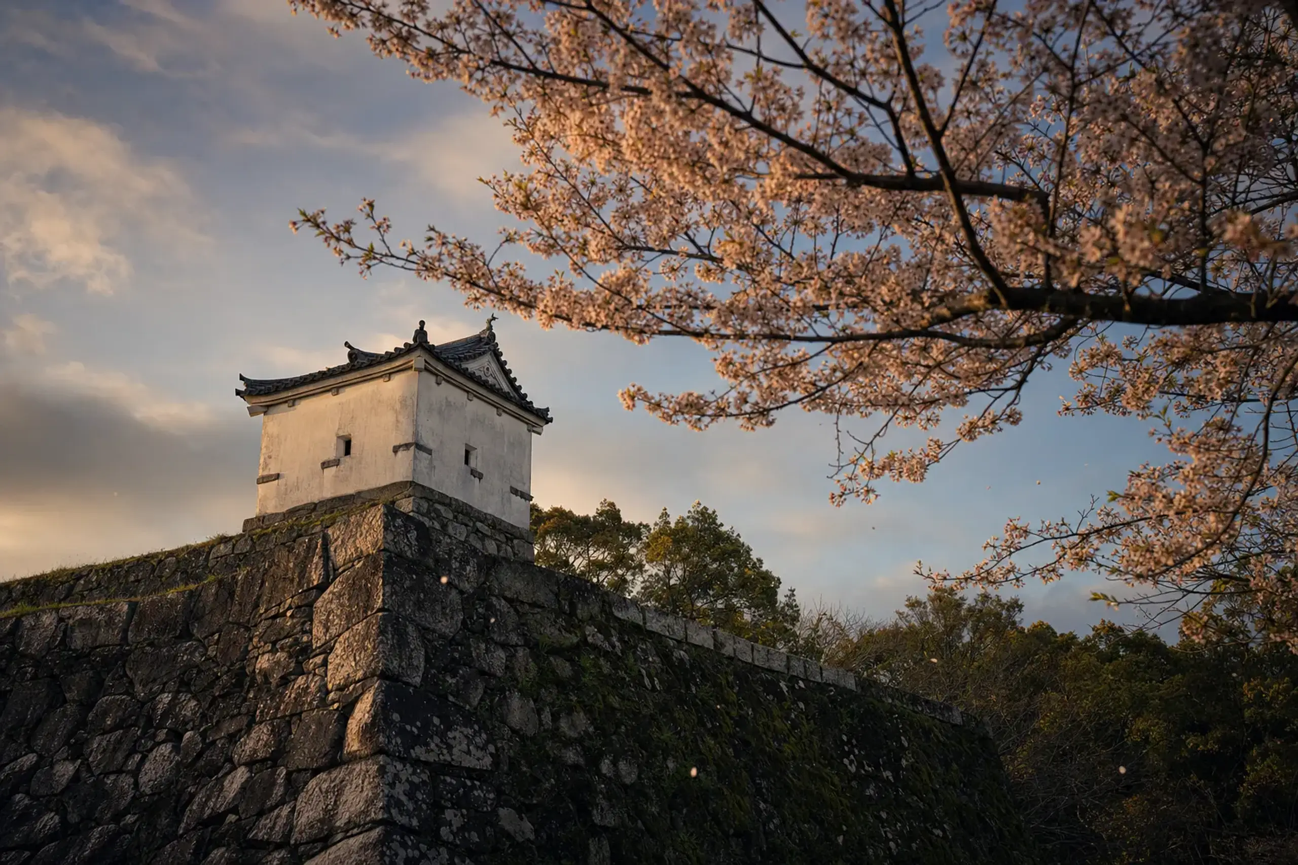 Stone walls of former Fukuoka Castle at Maizuru Park framed by cherry blossoms at dusk