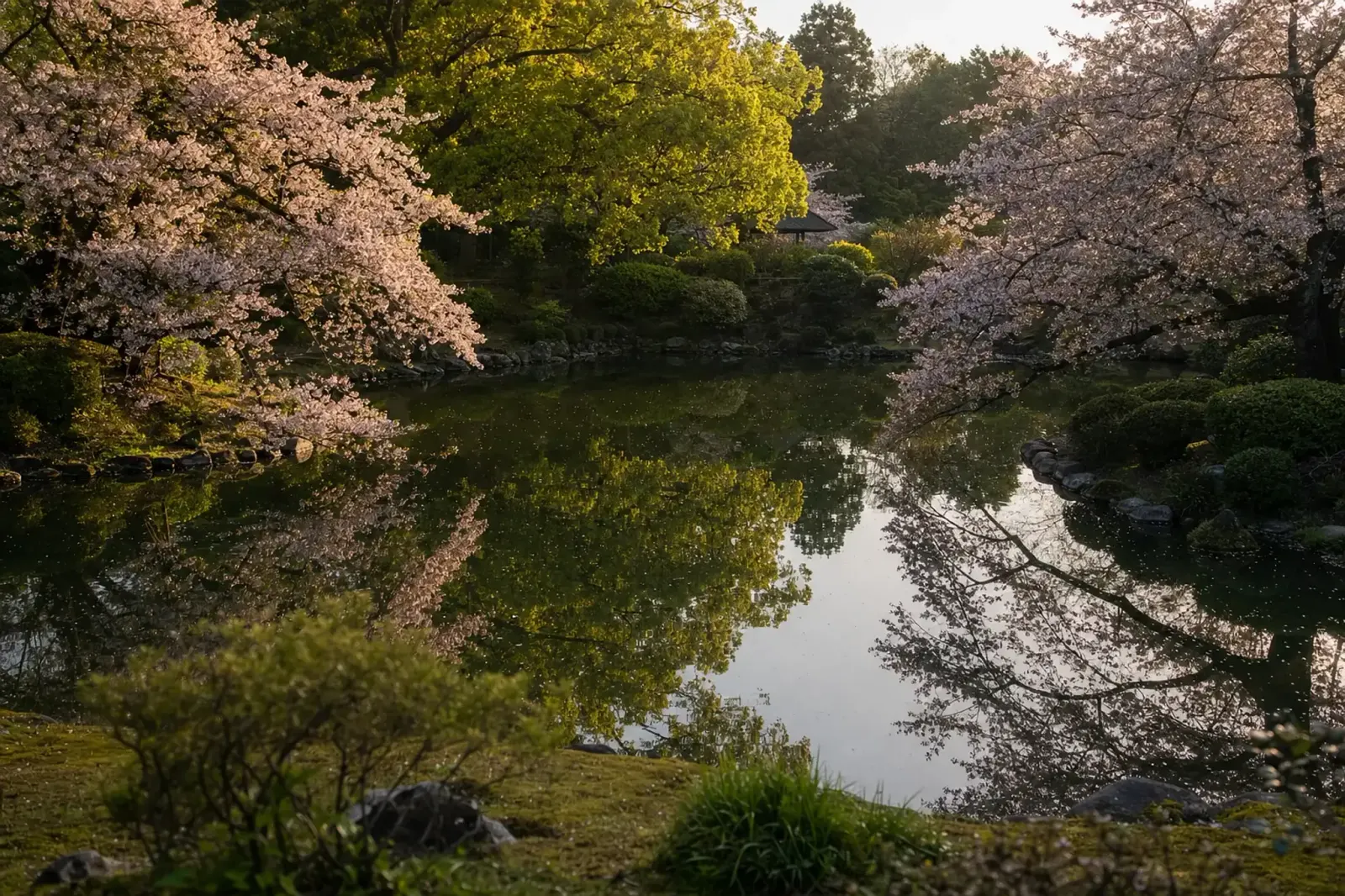Cherry blossom trees encircling the gourd-shaped pond at Amagi Park in Asakura
