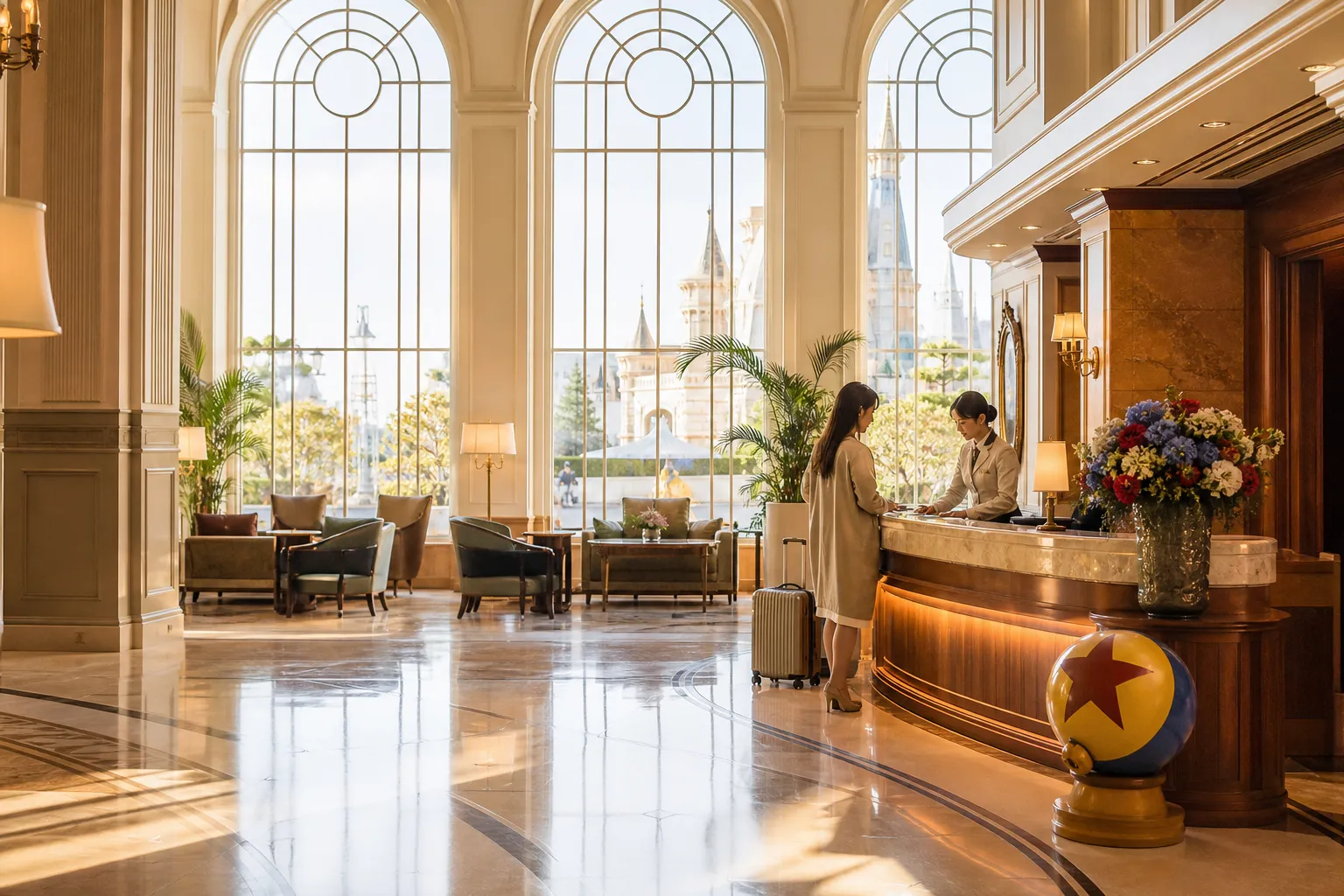 The refined lobby of an official Tokyo Disney Resort hotel offering Happy Entry benefits in summer 2026