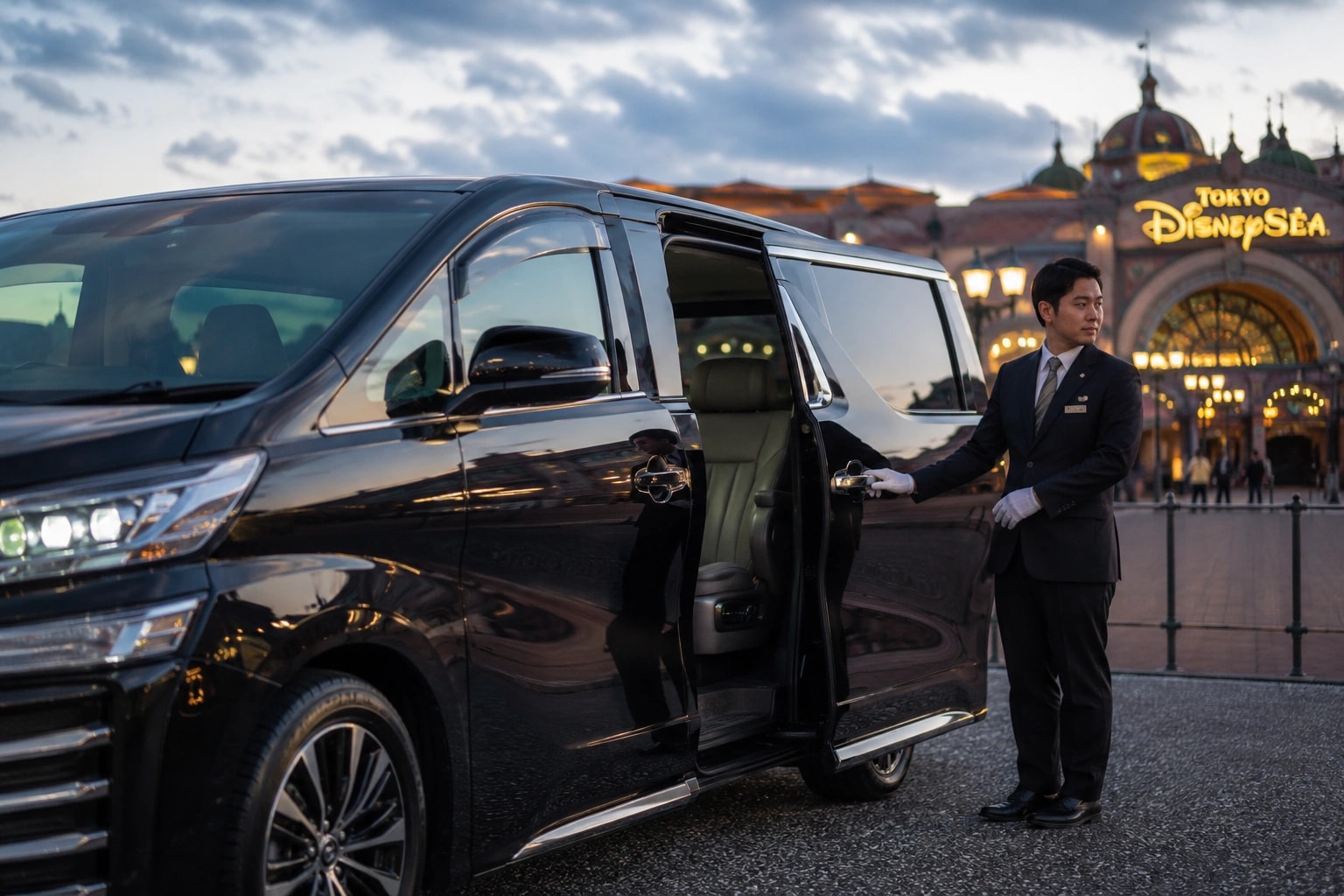 A luxury Toyota Alphard interior arranged for a private transfer from Tokyo Disney Resort to central Tokyo