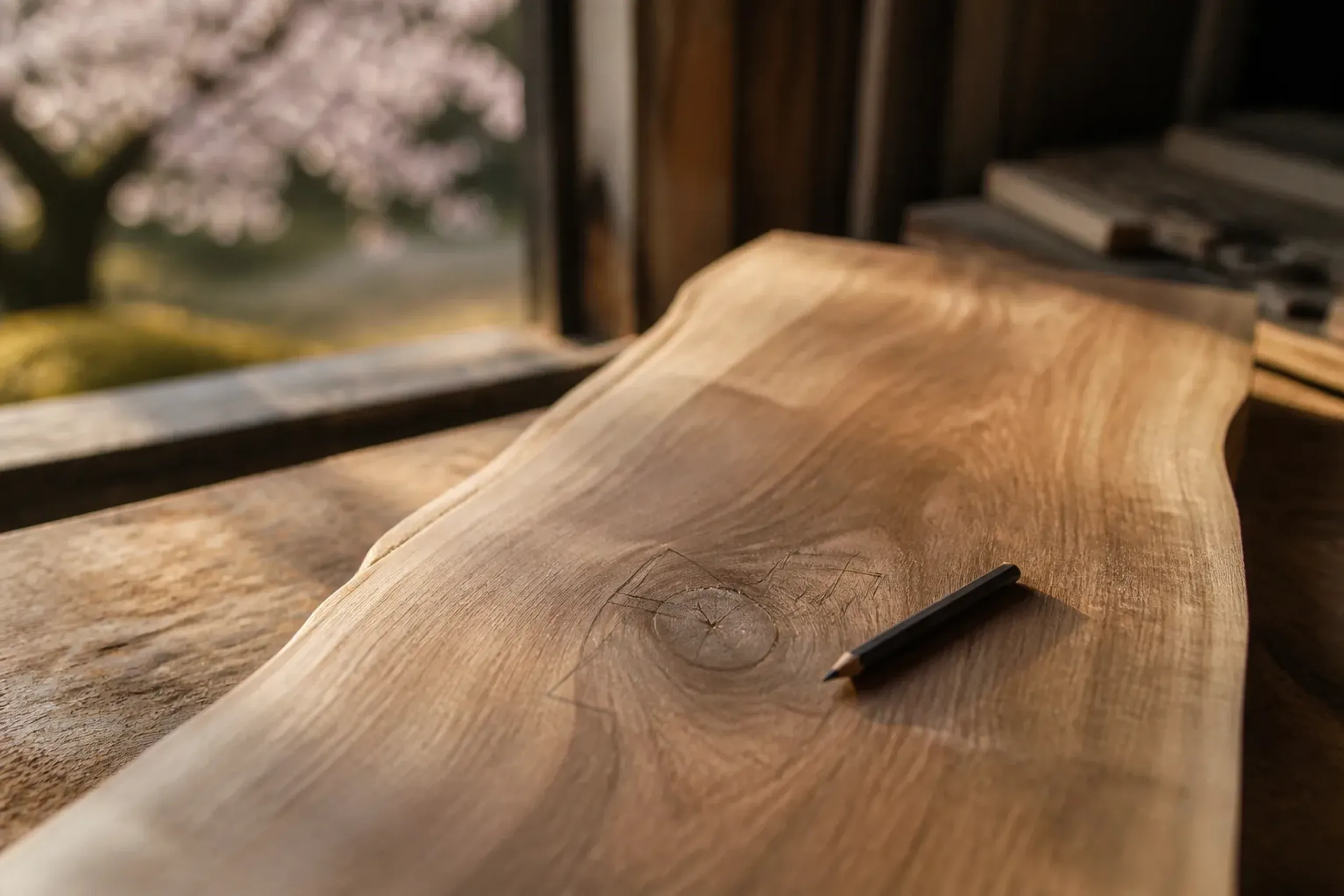 A single wide walnut board on a workbench with the grain visible and a butterfly joint marked in pencil for placement, the setting for a commission conversation