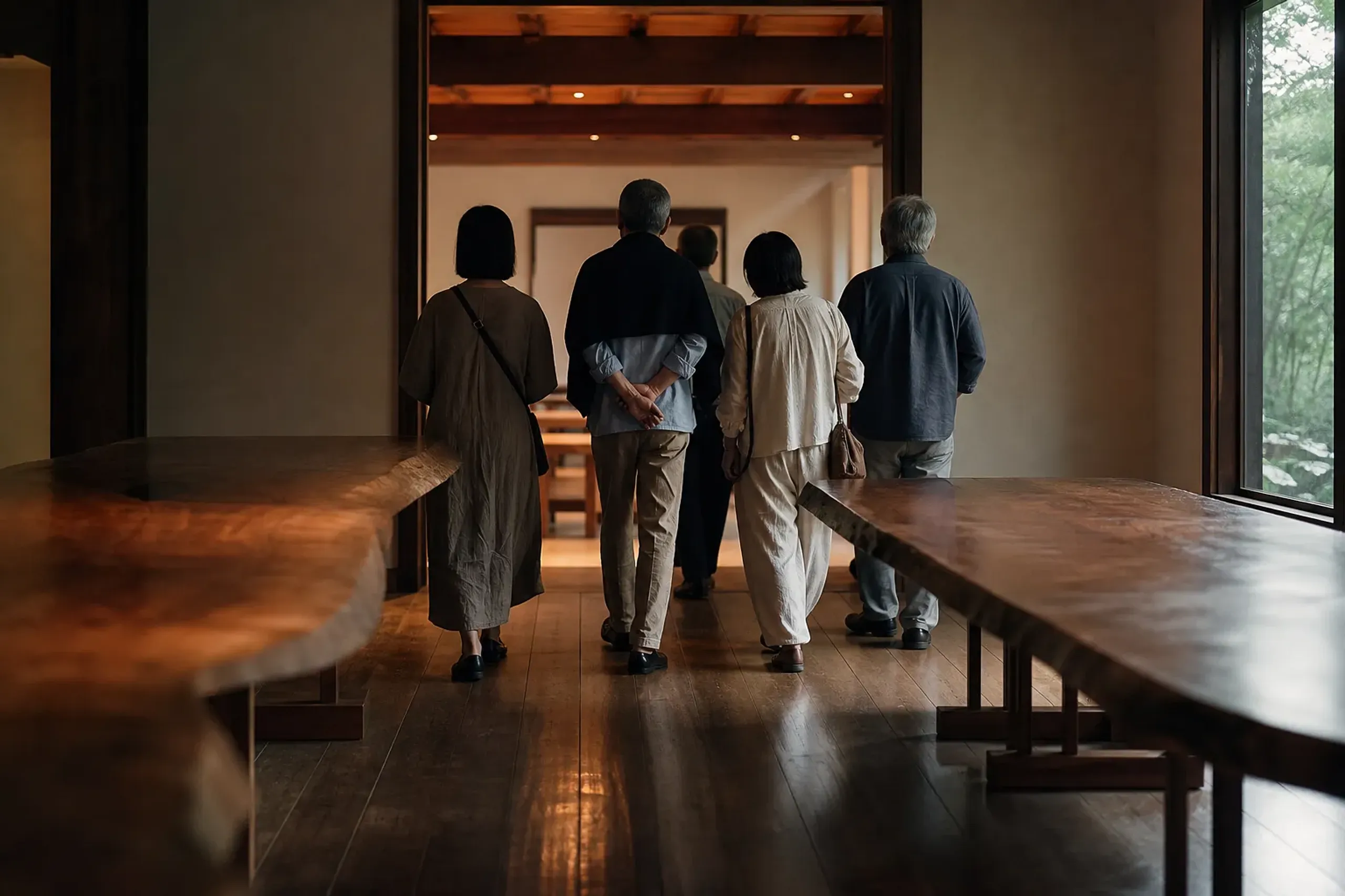 The scheduled public tour group moving through the Nakashima gallery rooms among the furniture, seen from behind