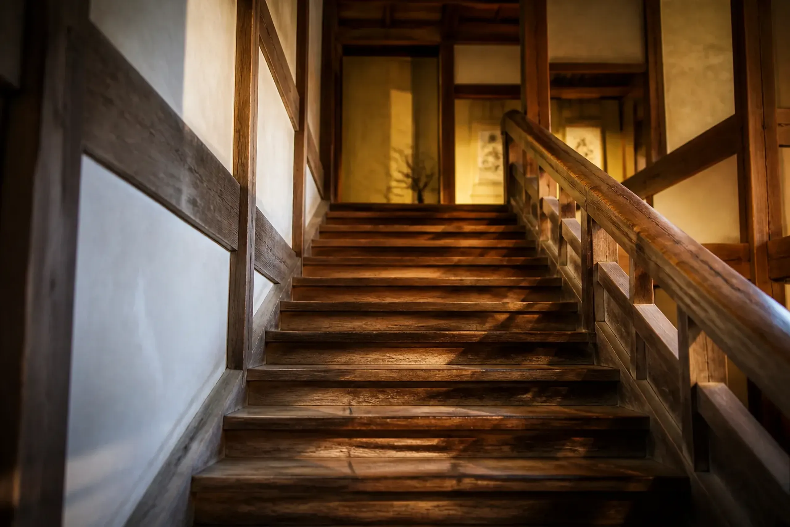 The plain wooden staircase leading up to the first-floor exhibit rooms of the Nakashima memorial gallery, with no lift